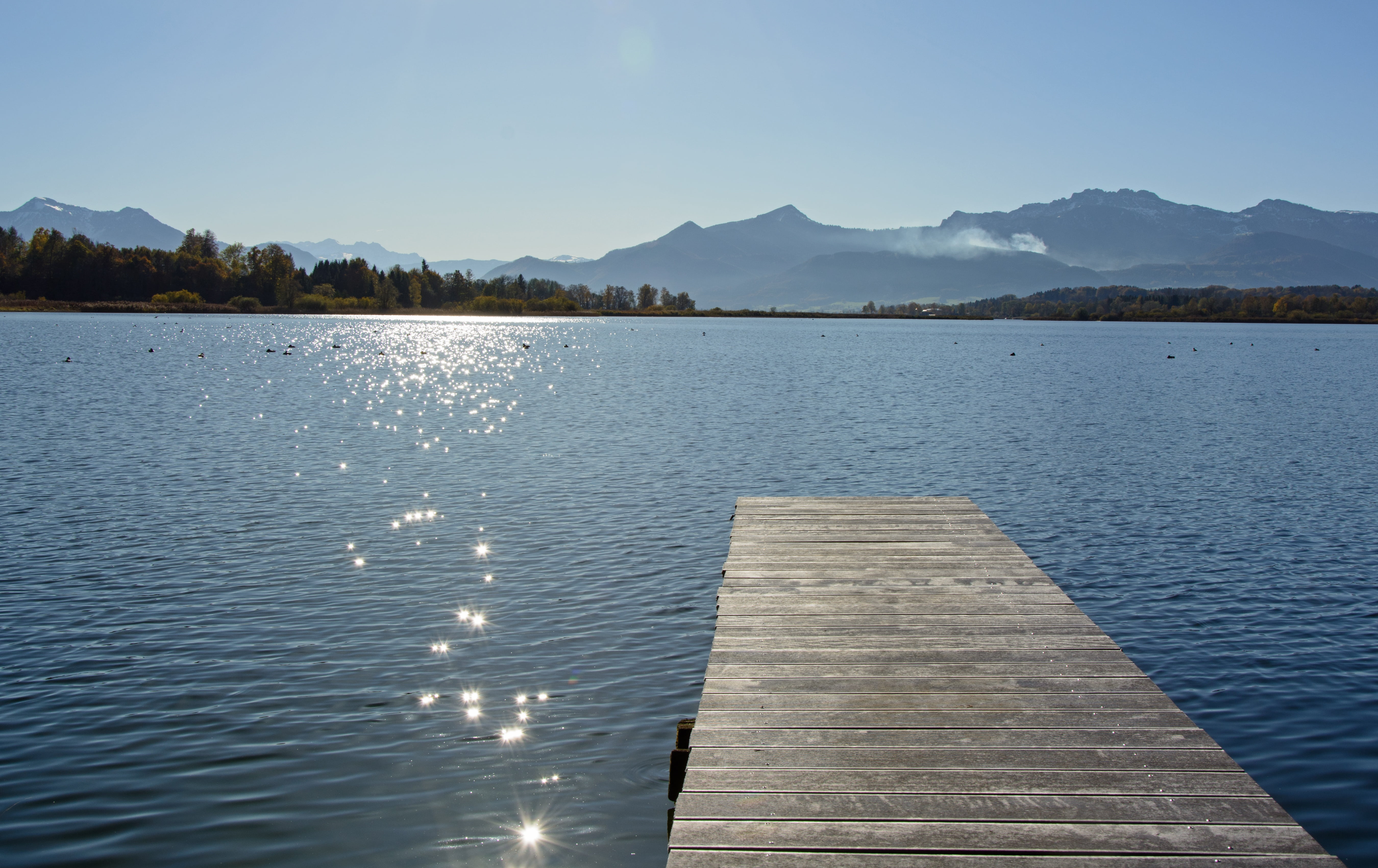 brown wooden dock, chiemsee, back light, landscape, nature, lake
