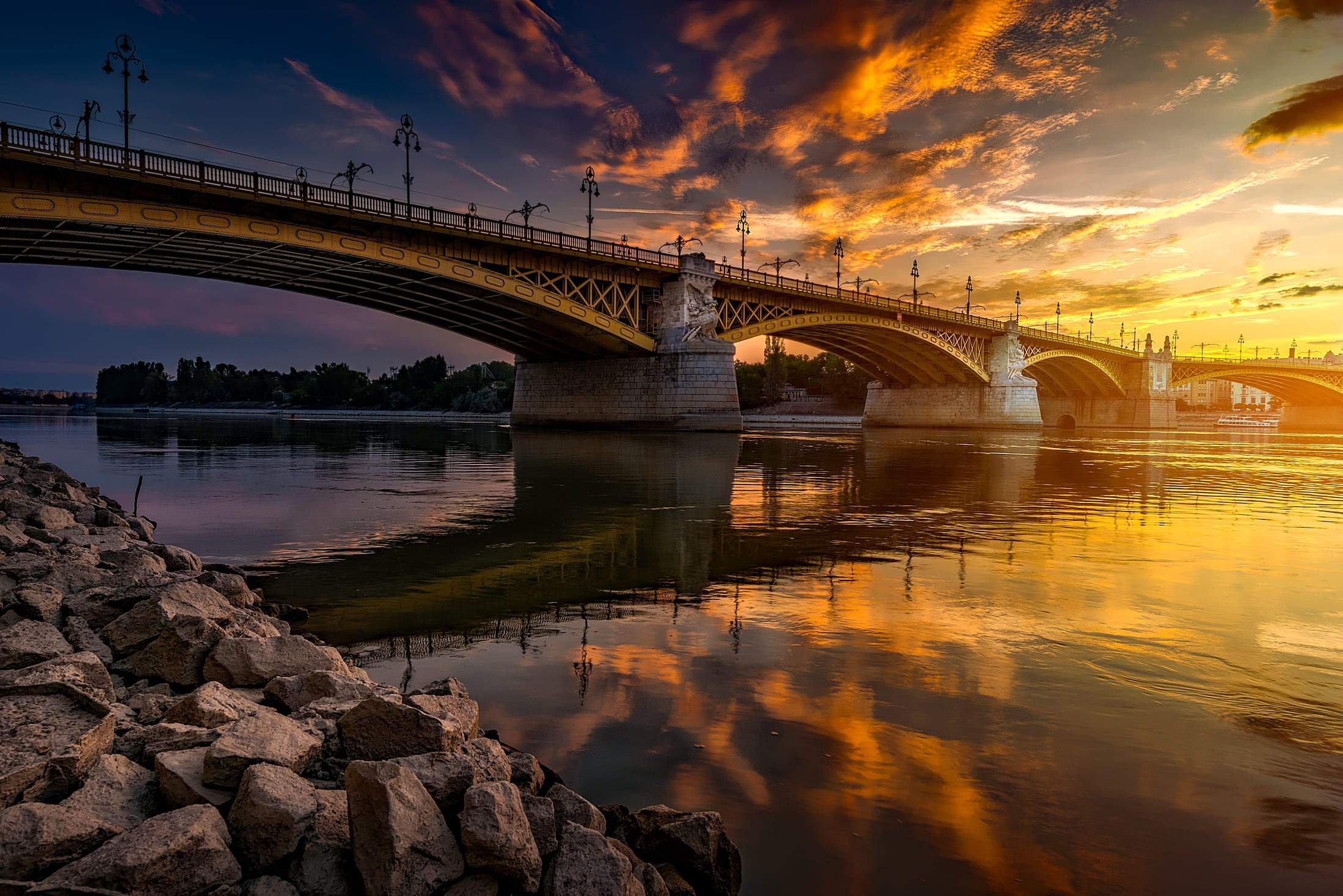 dawn, water, clouds, rocks, architecture, bridge, dusk, reflection