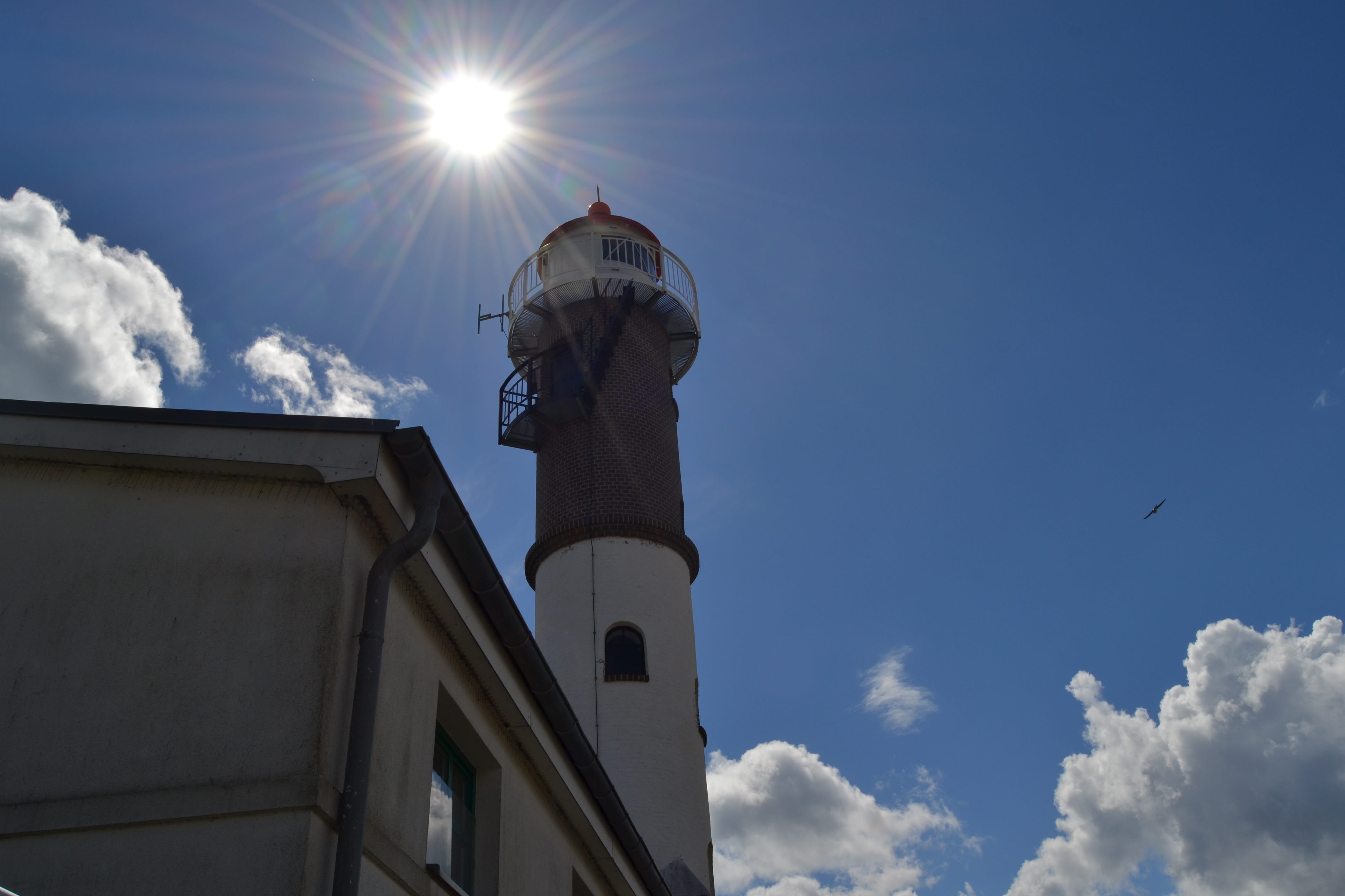 sun, lighthouse, sky, clouds, cloud - sky, low angle view, architecture