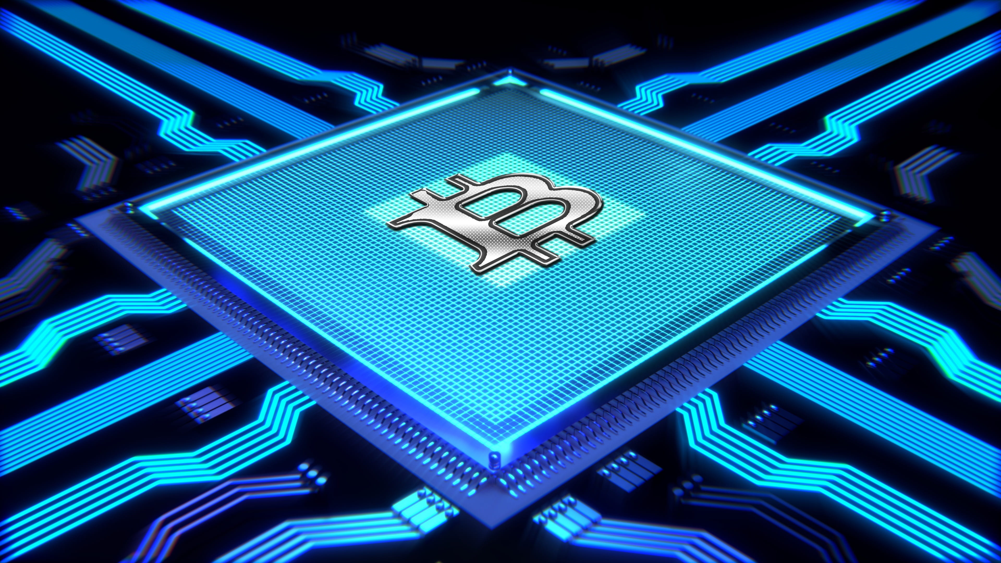 gray and blue B logo, bitcoin, mining, processor, cryptocurrency
