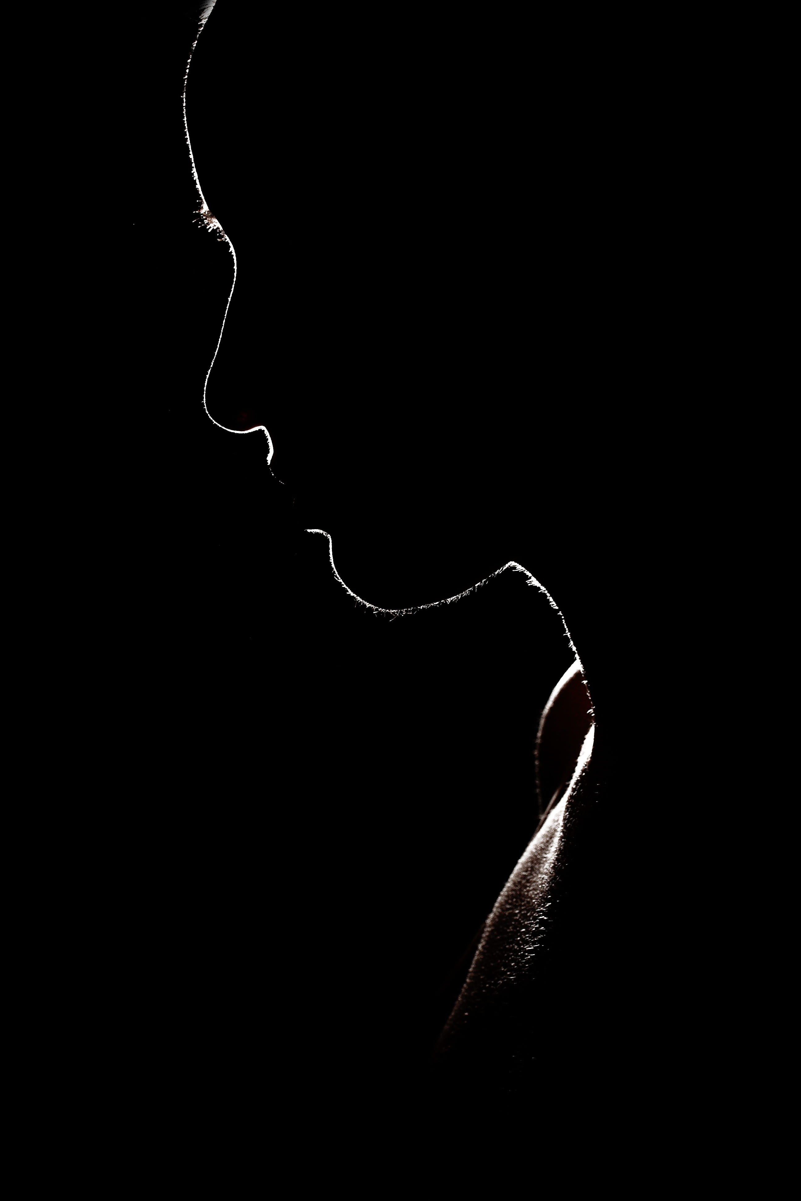 woman, dark, silhouette, face, backlit, lady, side view, black background
