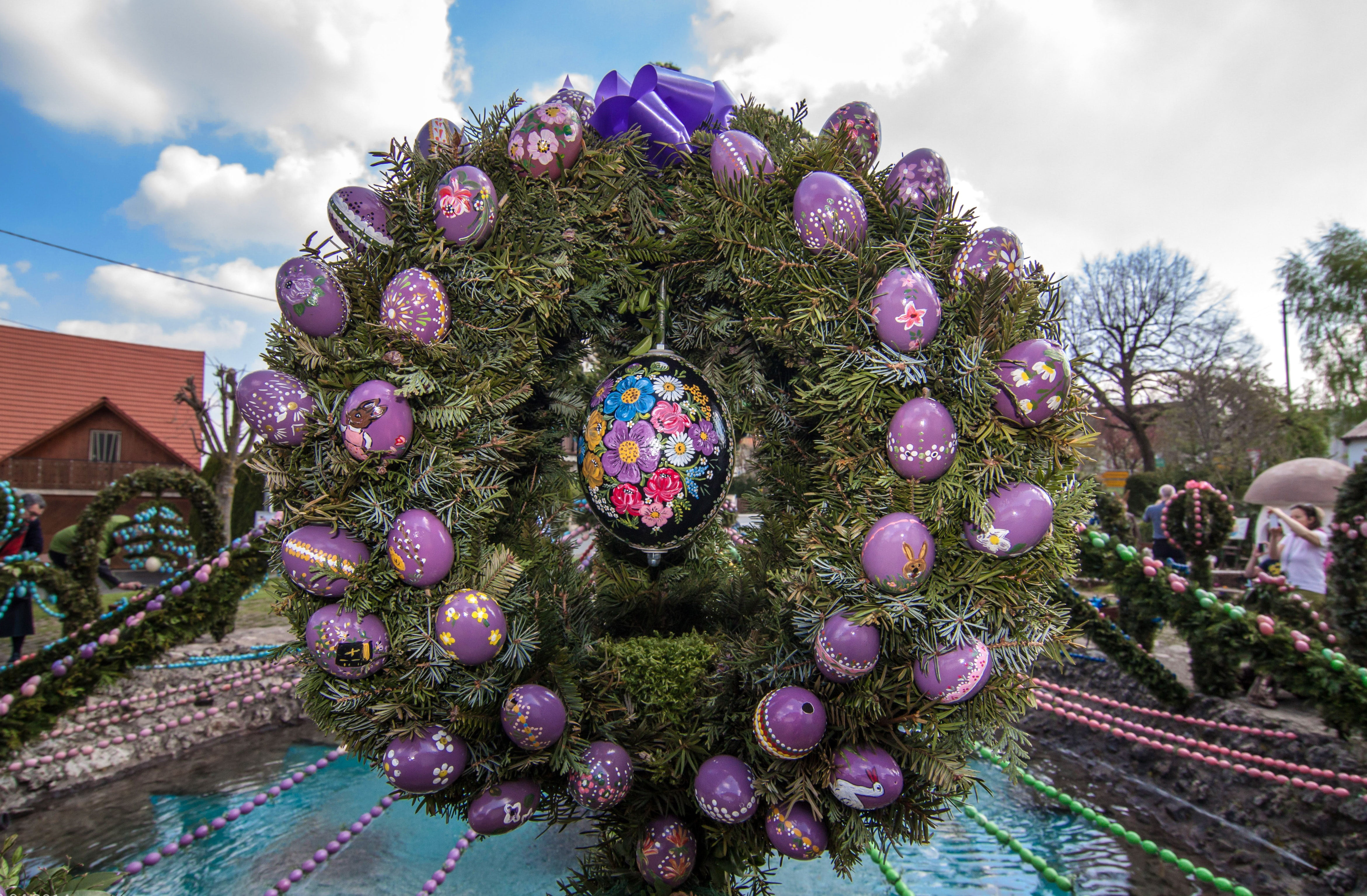 easter well, easter eggs, custom, wreath, tradition, cloud - sky