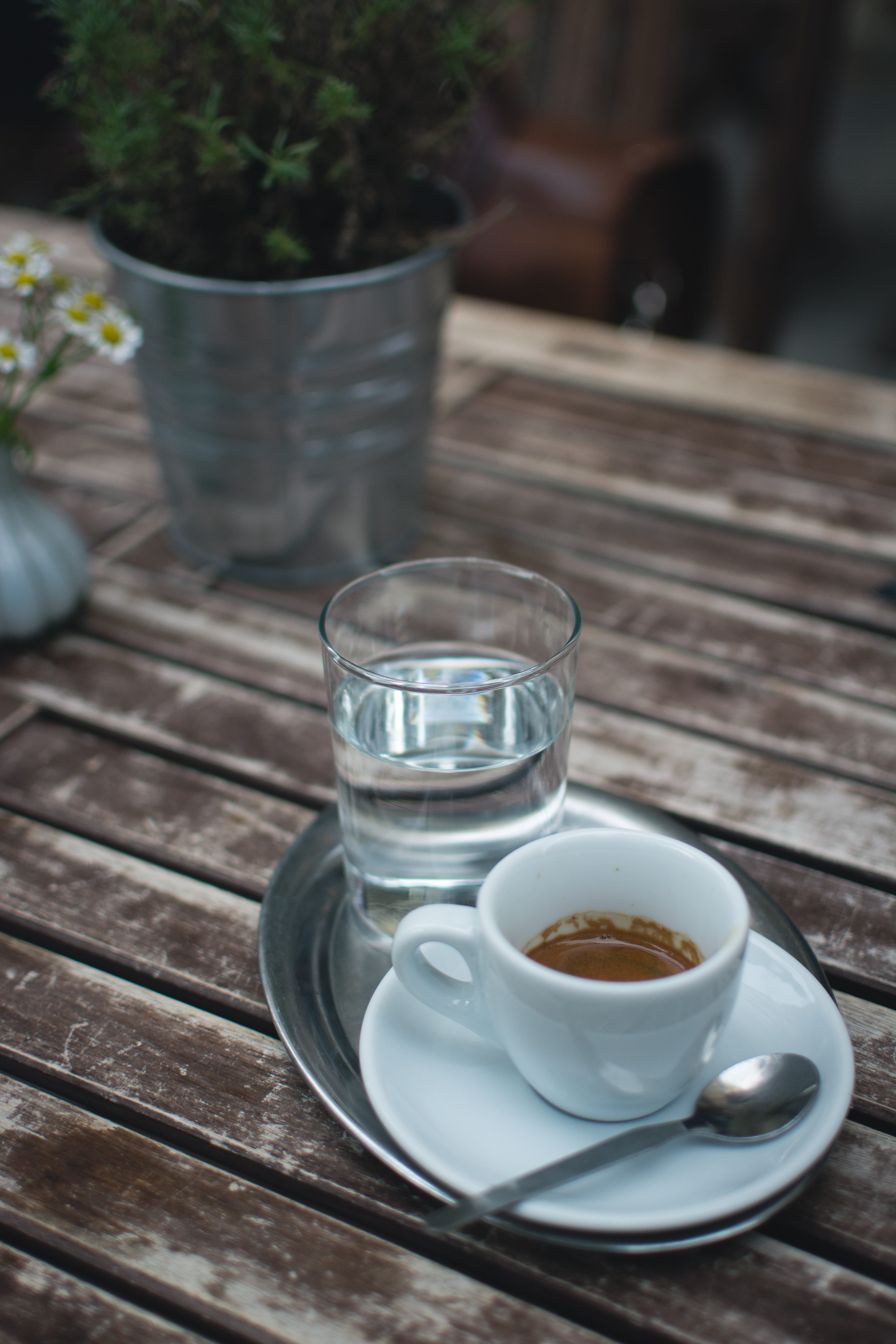 Coffee espresso on a wooden table, outside, cup, drink, wood - Material