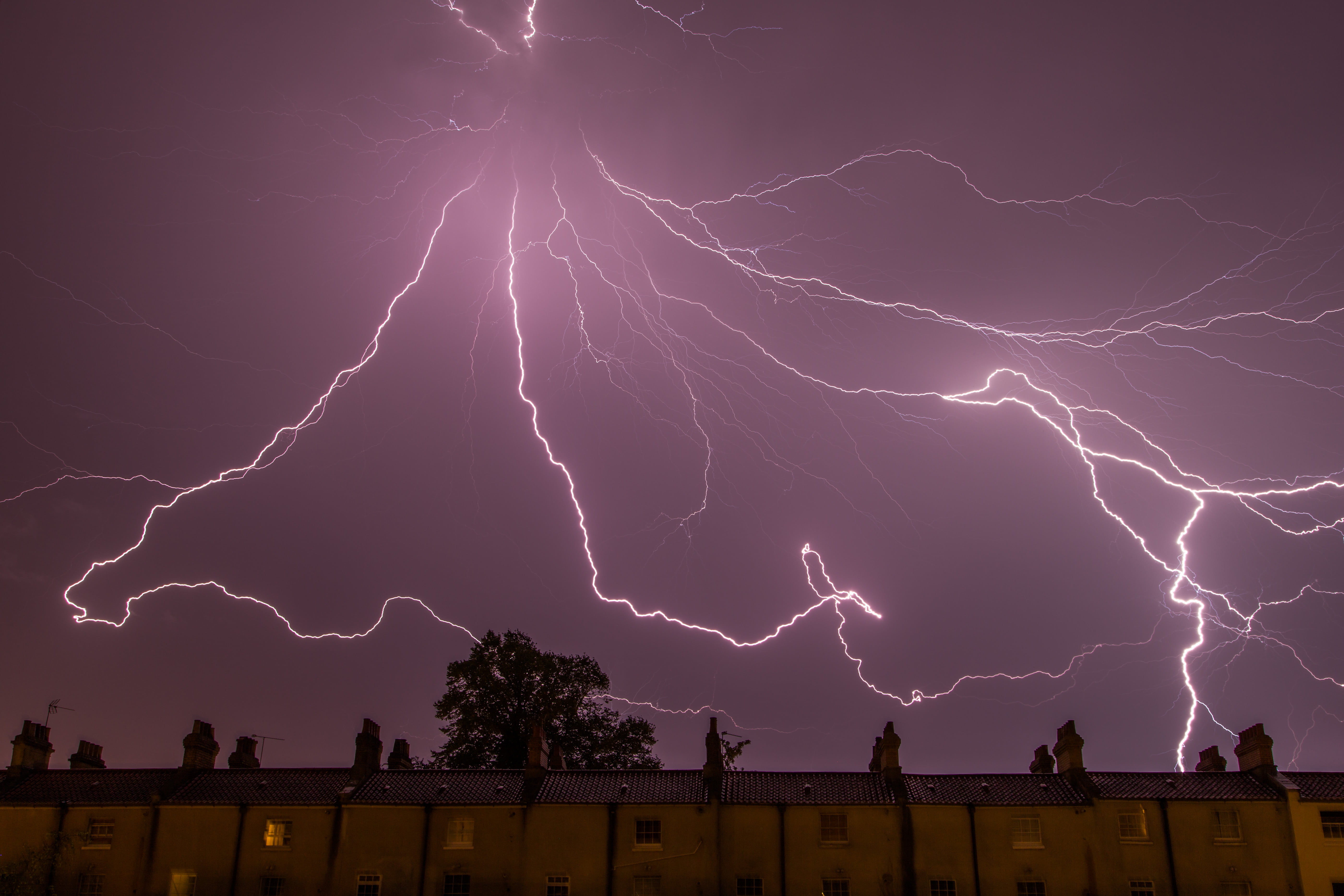 low angle photography of lightning above building, struck, nature
