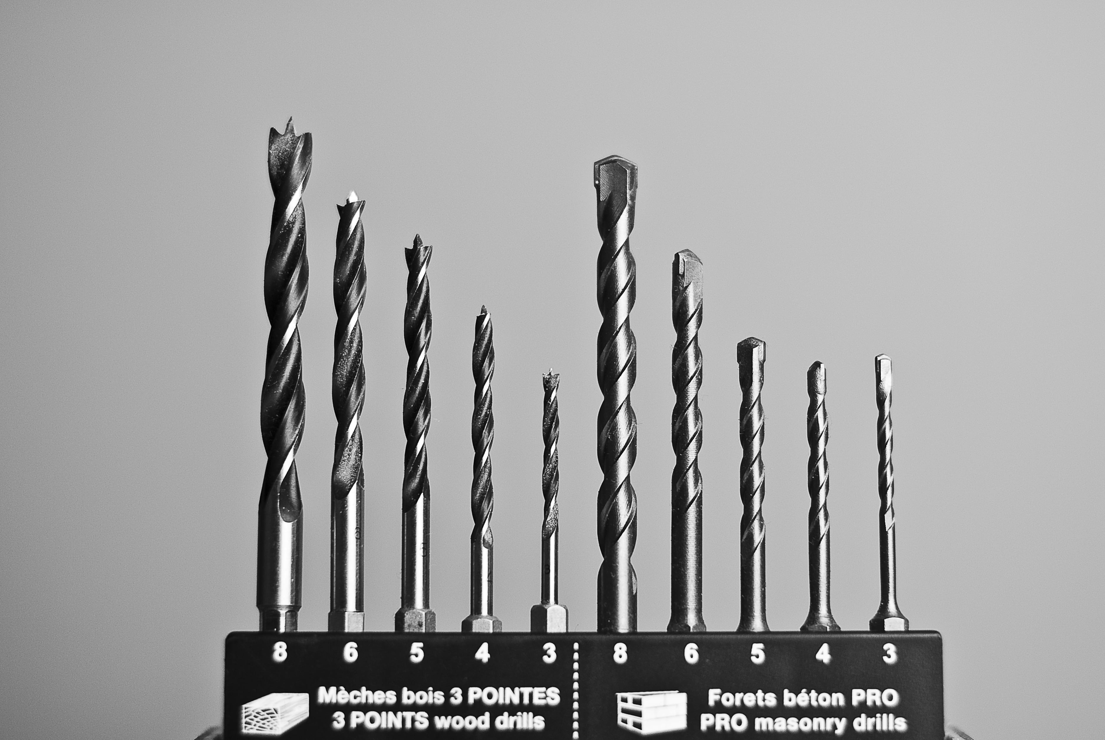 closeup photo of drill bits, tool, construction, industry, steel
