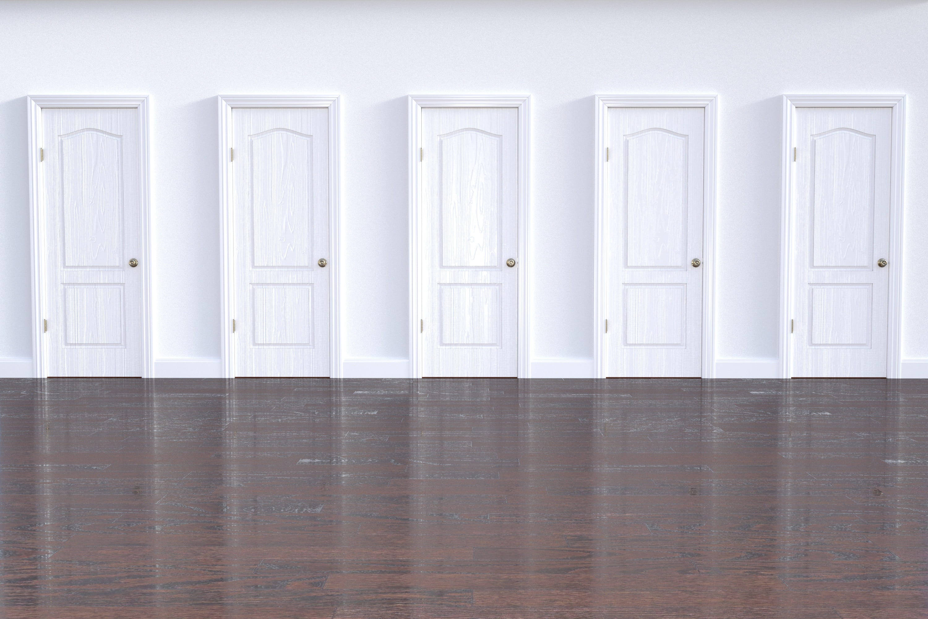 five white wooden doors on wall, doorway, interior design, entrance