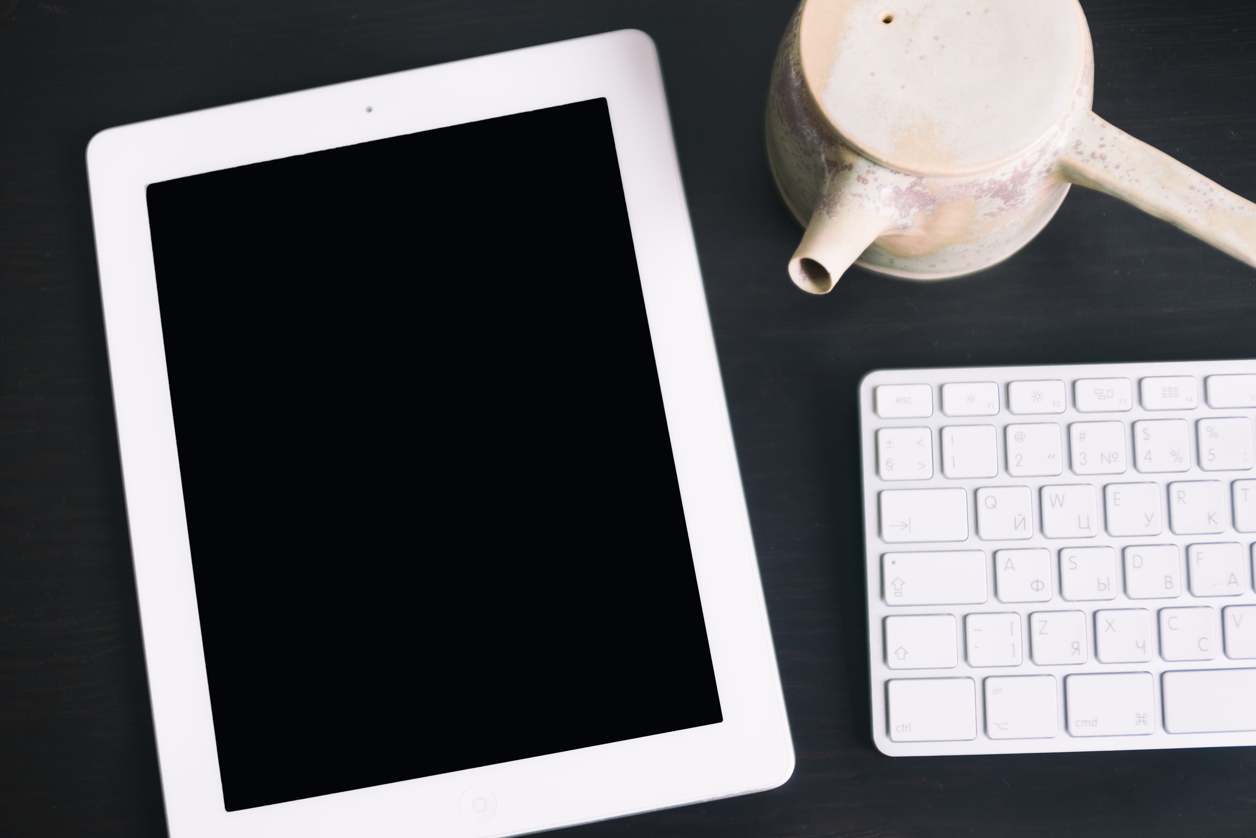 iPad, keyboard and teapot, objects, computer, technology, laptop