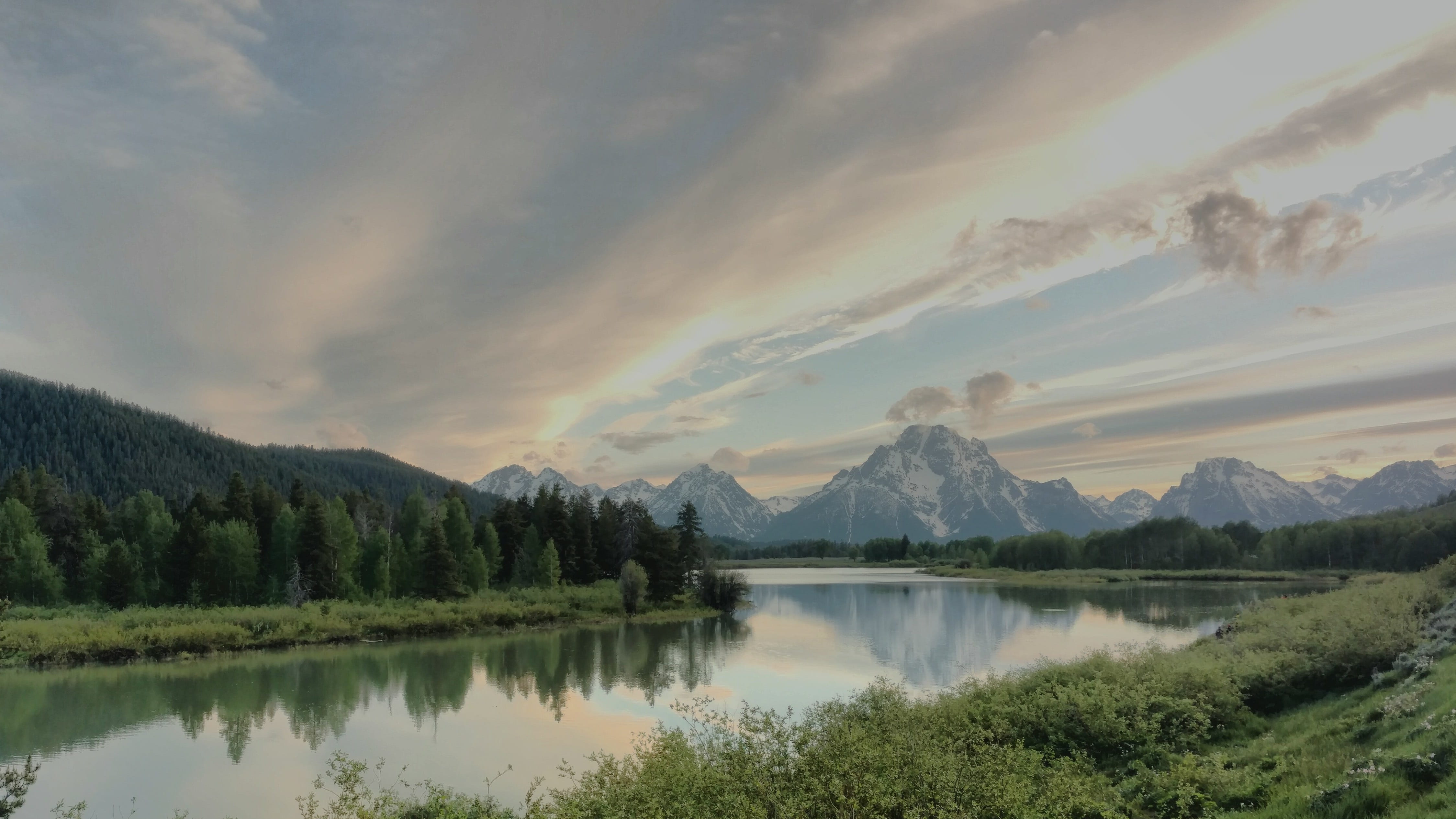 sunset, mountains, river, sky, clouds, outdoor, environment