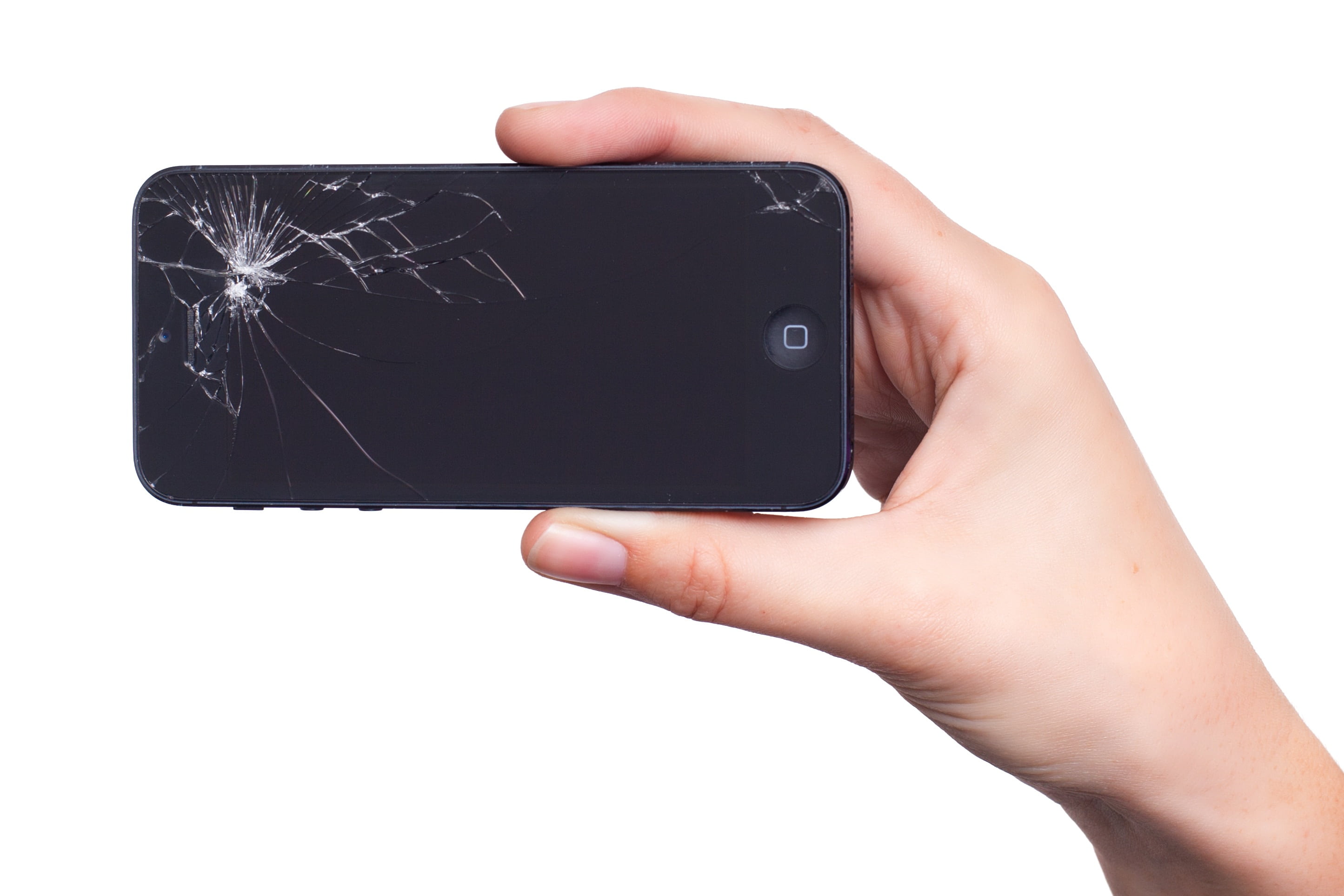 person holding black broken iPhone 5, apple, display, damage