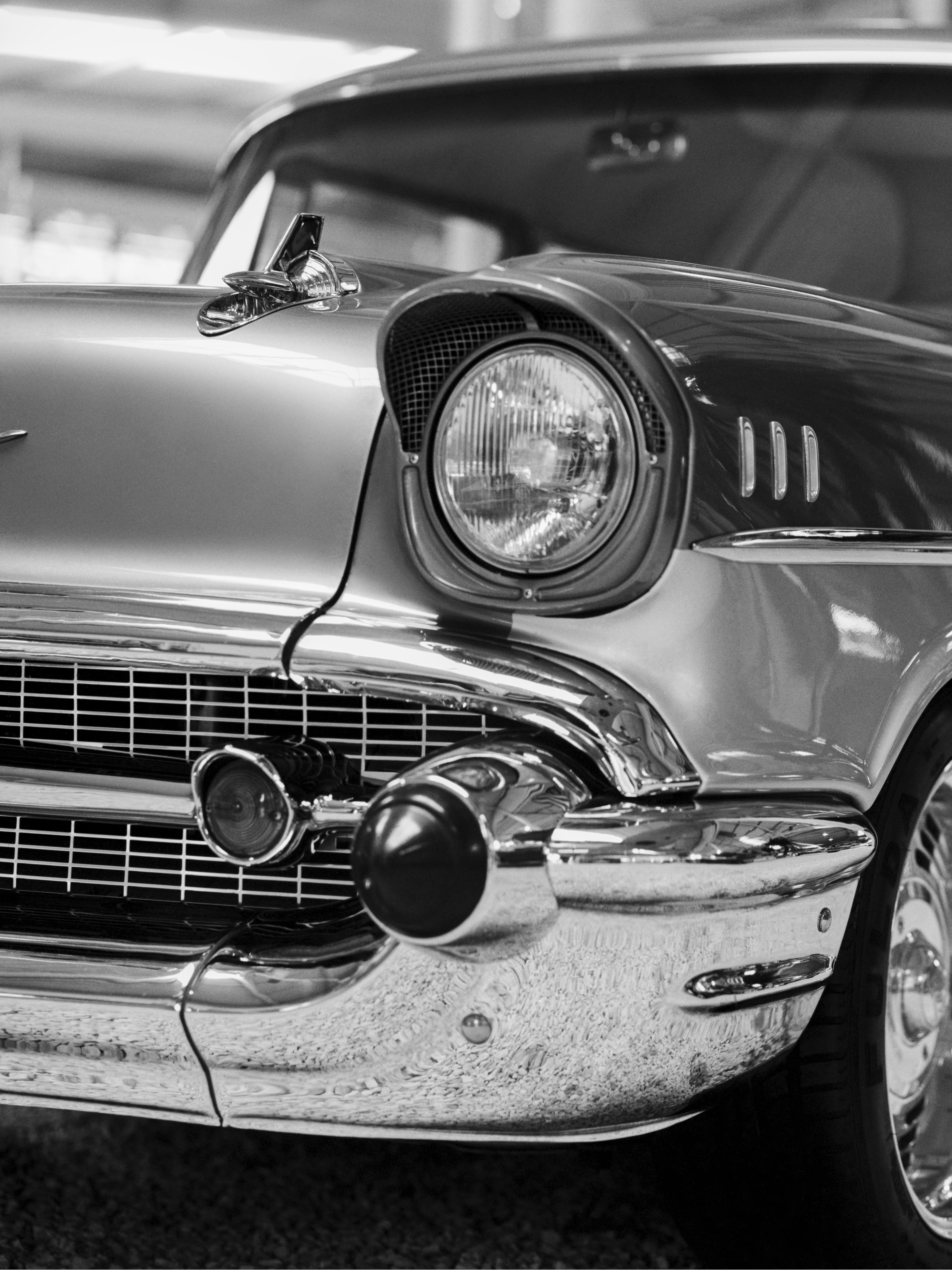 grayscale photo of classic car, sheavy, bel air, old, retro, vintage