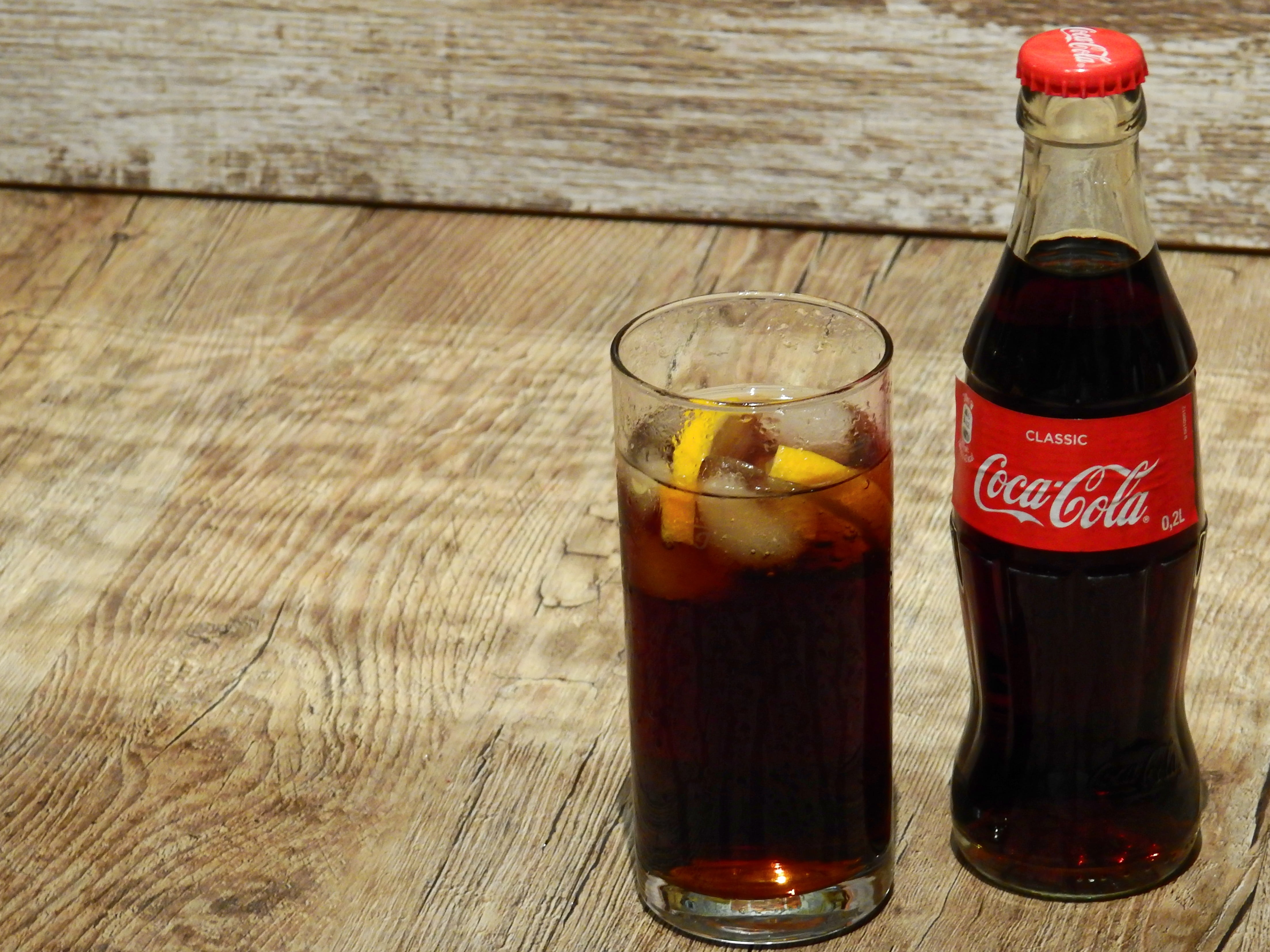Coca-Cola soda bottle and drinking glass, coca cola, coke, brand