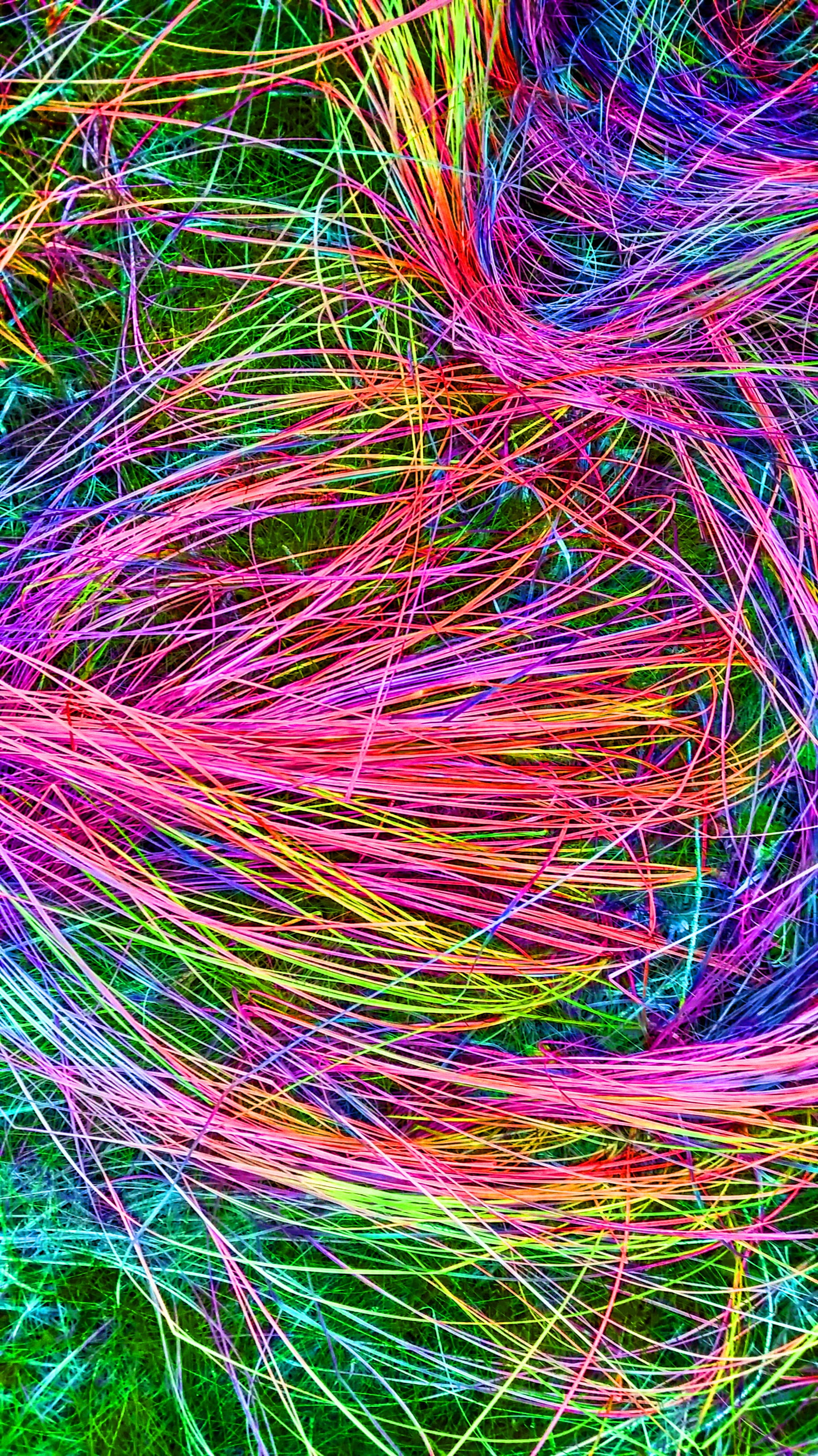 assorted-color strings on green grass, background, decor, abstract