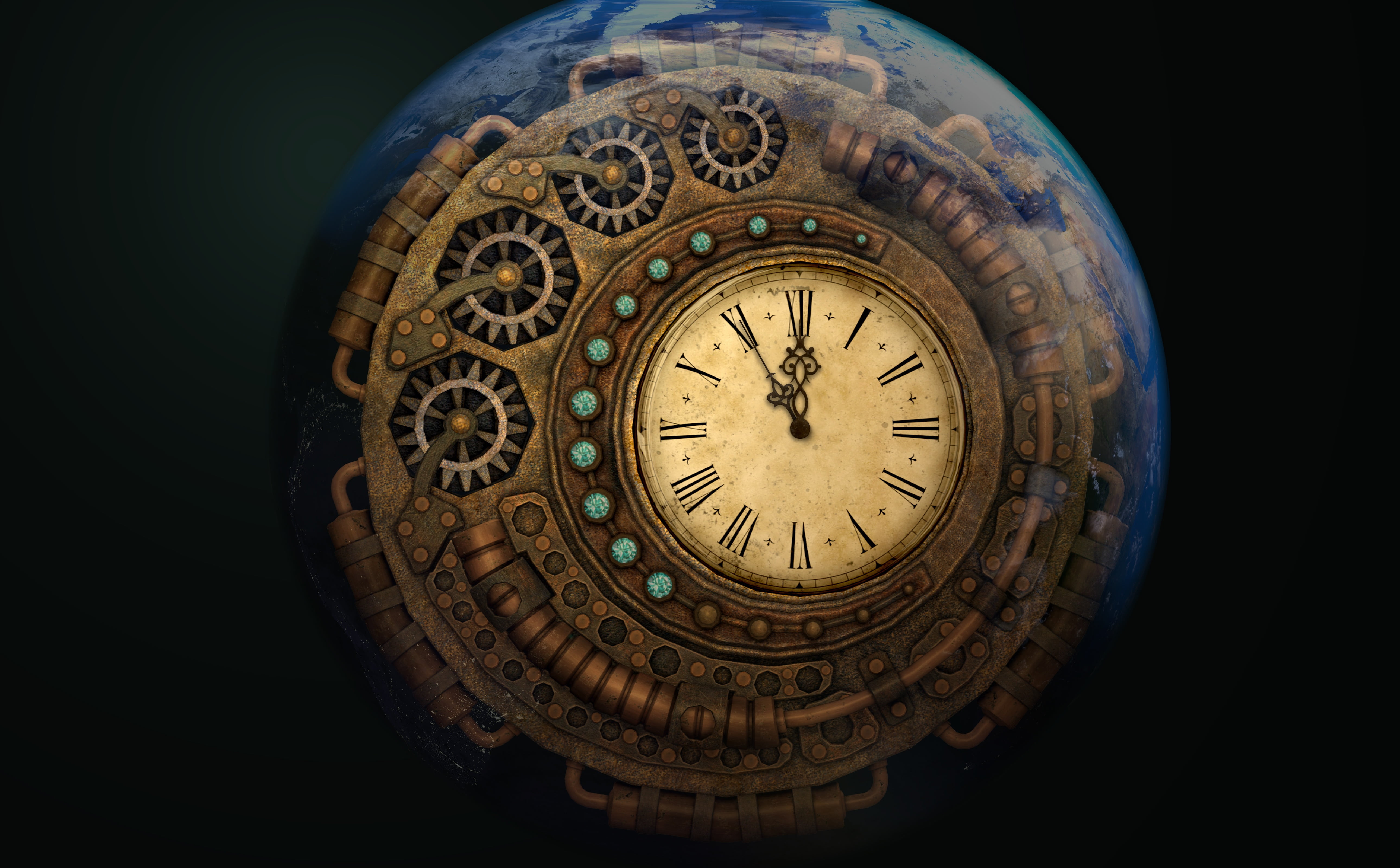 round brown clock showing 11:55, time, moondial, time machine