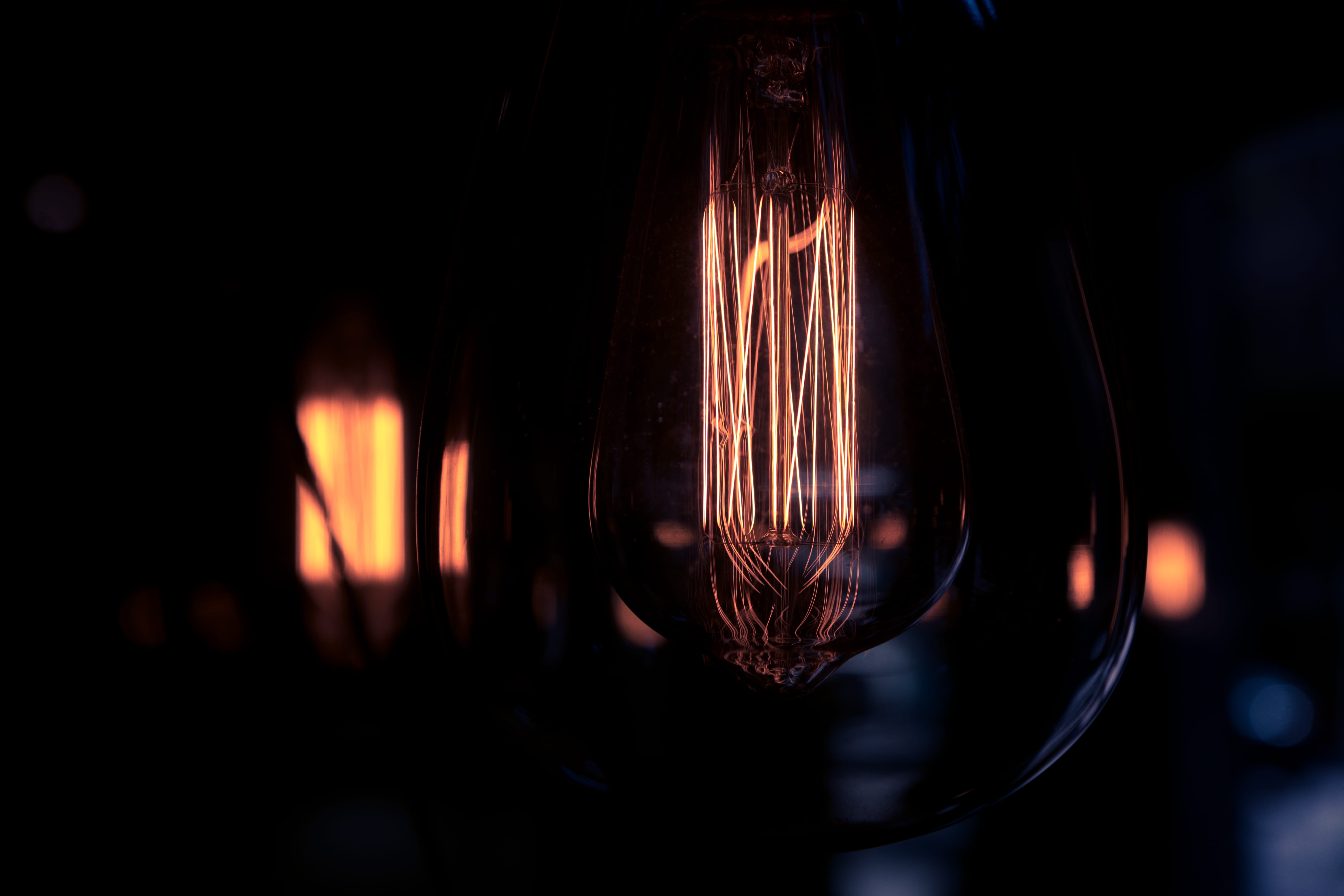 white LED lantern, light, bulb, filament, glass, dark, bokeh