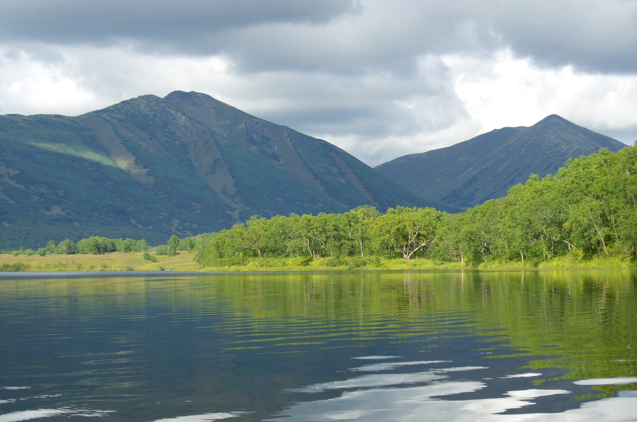 lake, mountains, forest, reflection, clouds, sky, beach, evening