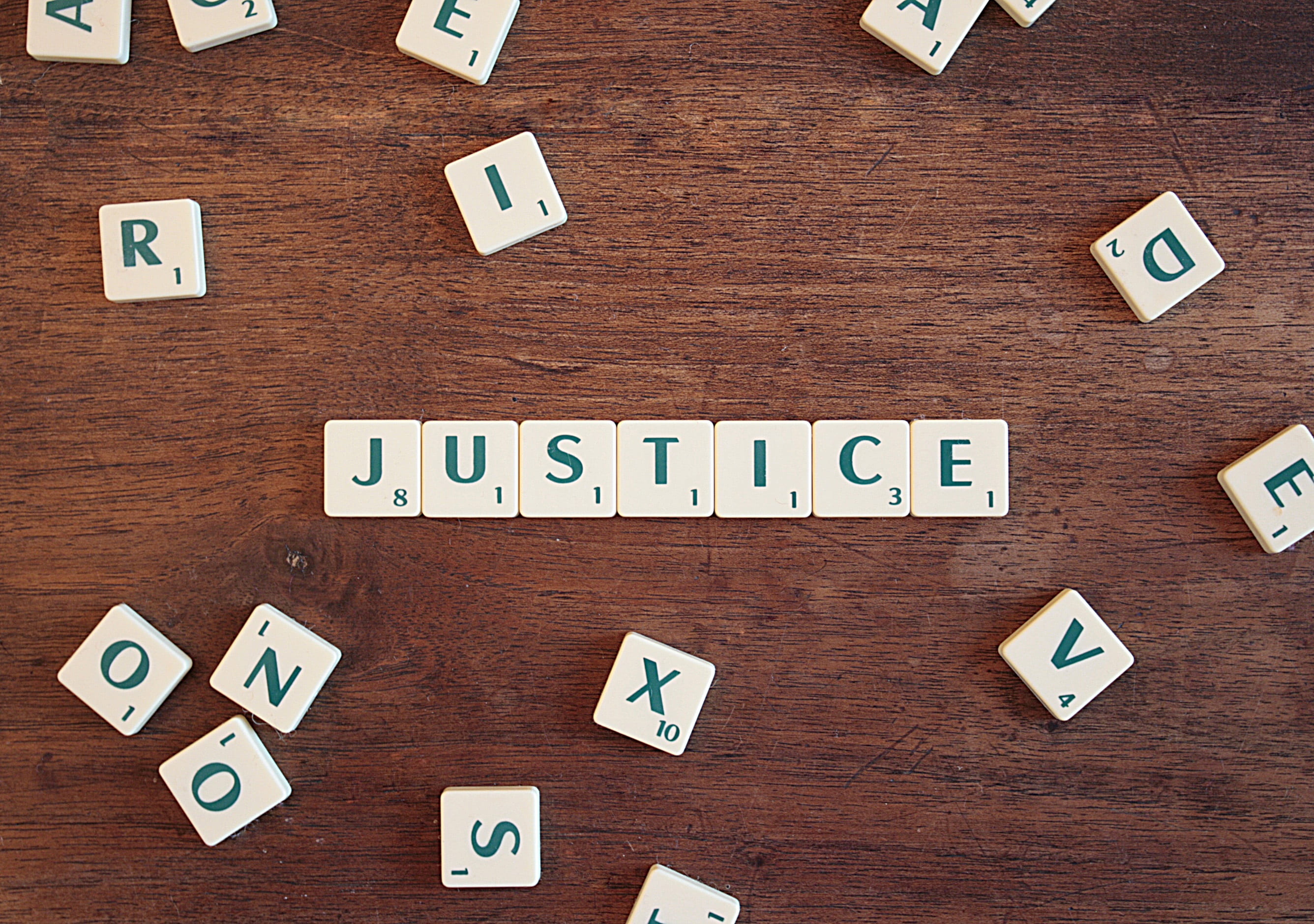 JUSTICE scrabble tile, right, legal, lawyer, word, letters, text