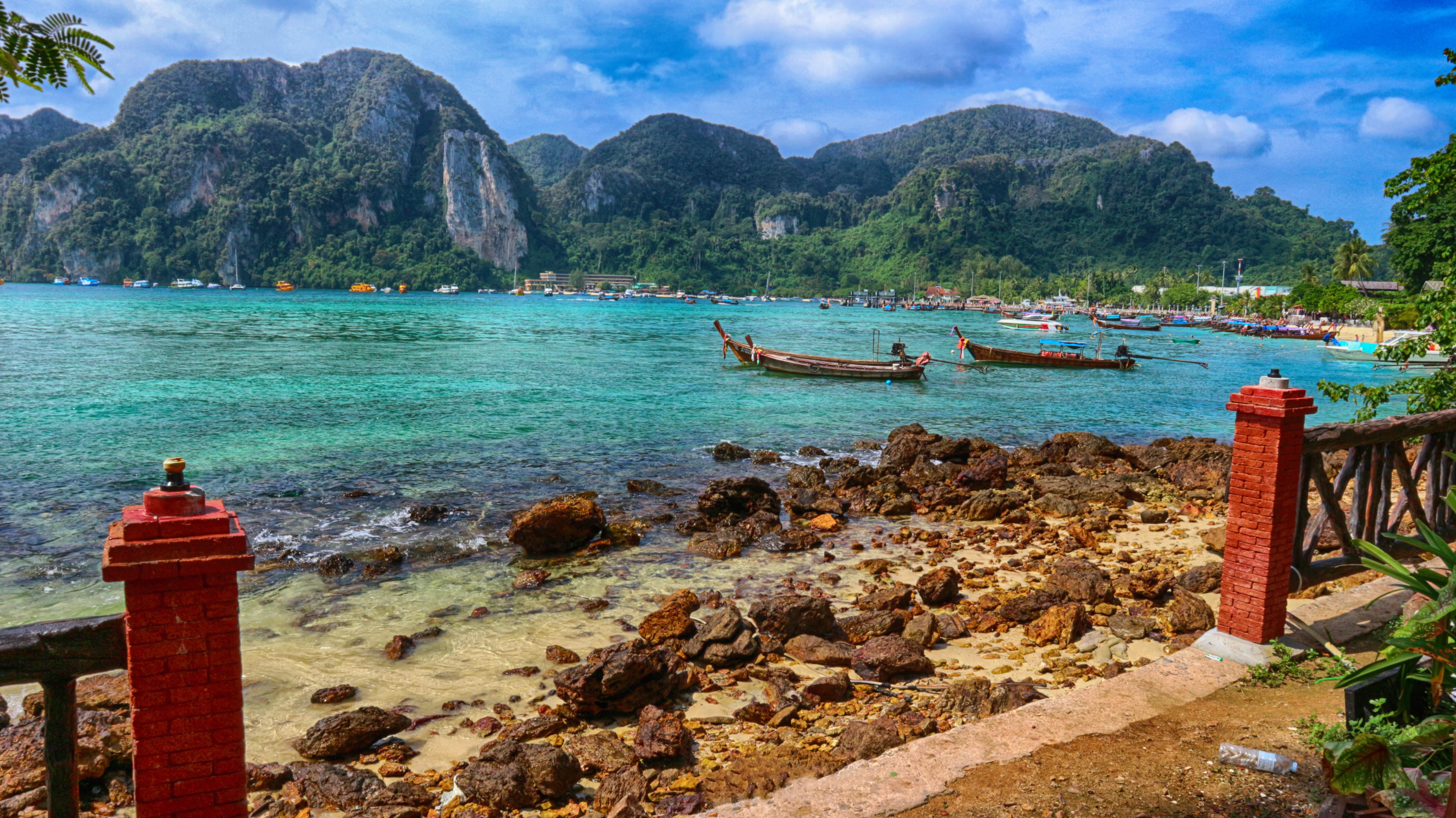 thailand, koh phi phi, paradise, beach, ocean, sea, boat, sky