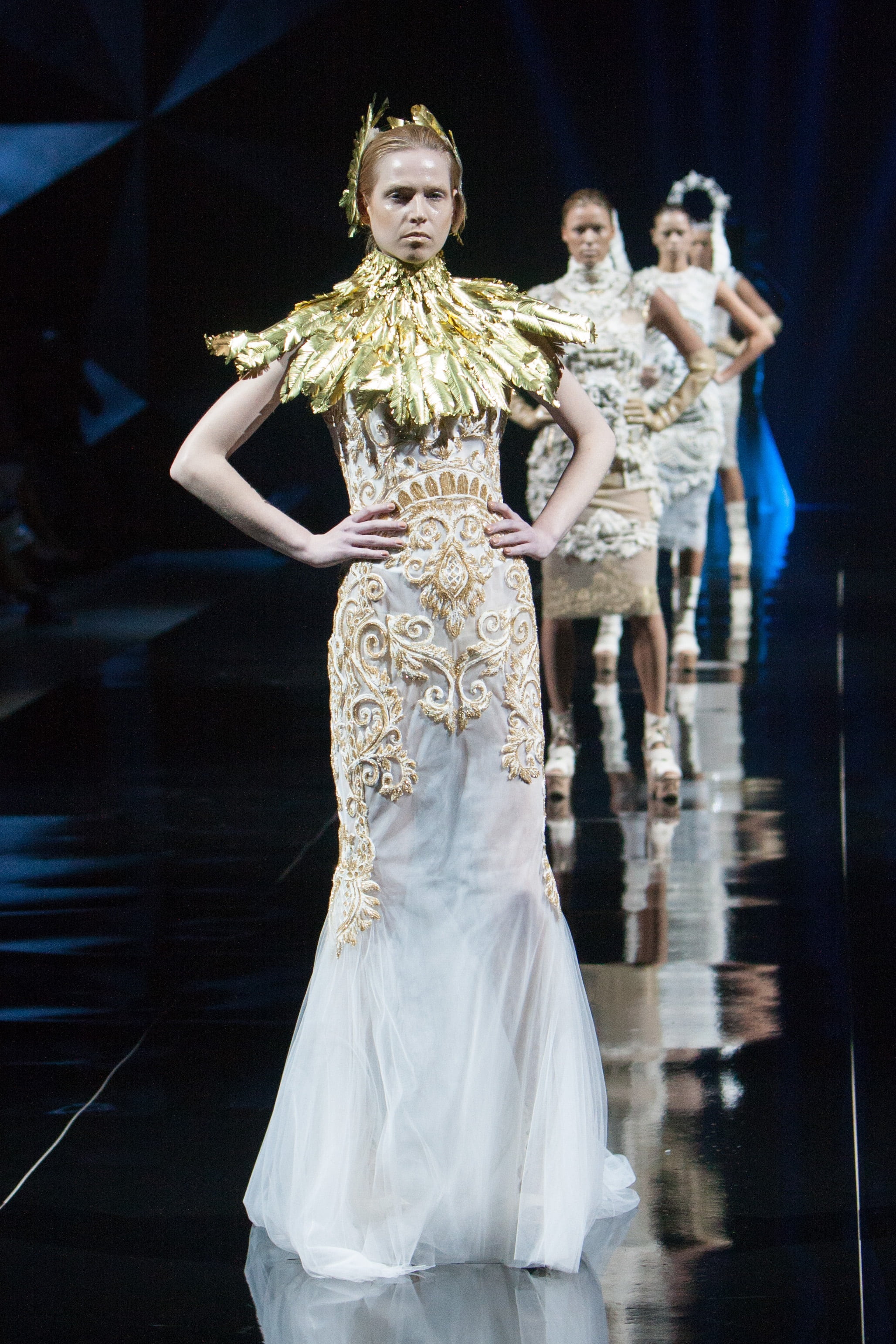 woman wearing white dress, fashion show, catwalk, model, female