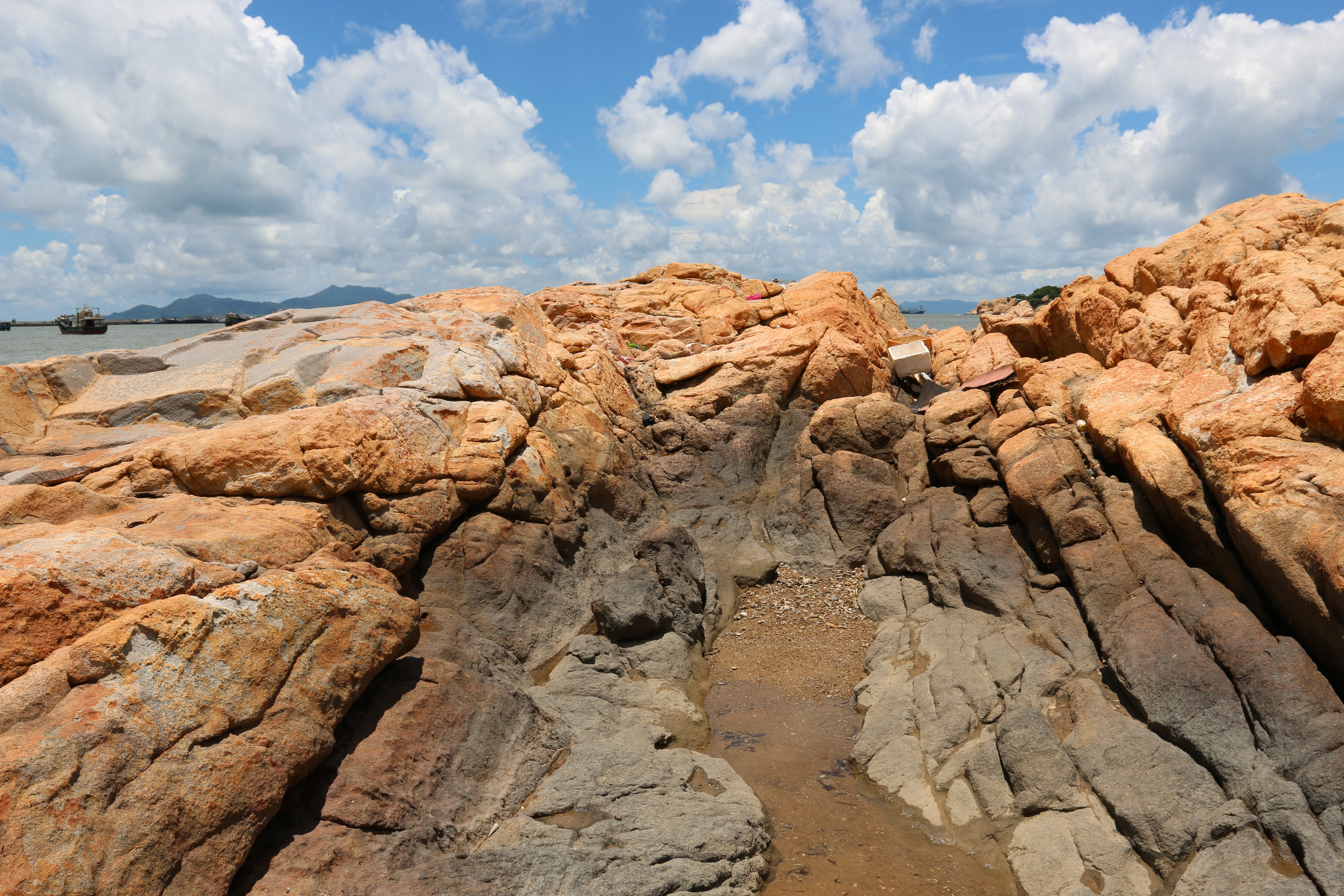 blue sky, white cloud, sunny days, stone, beach, cloud - sky