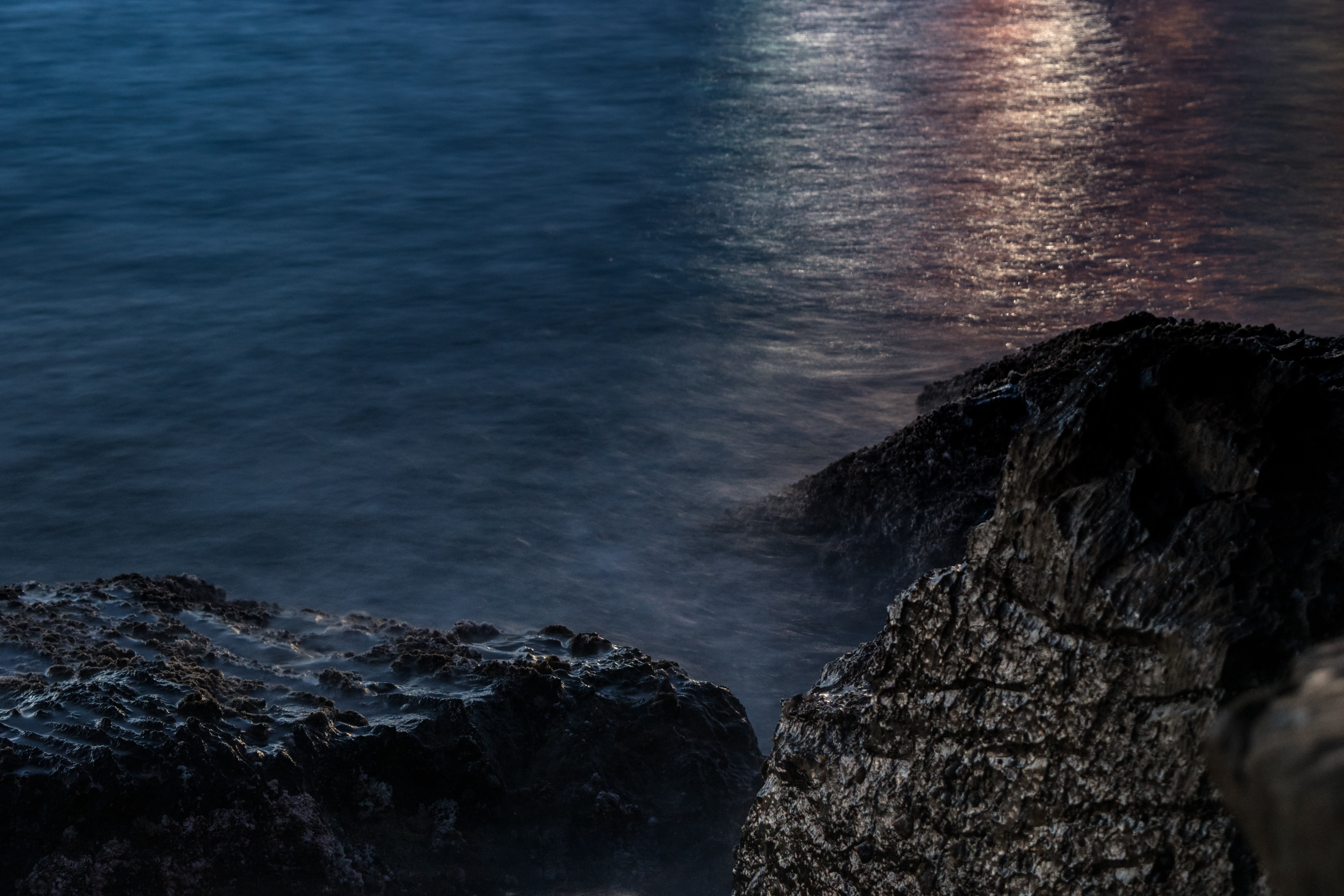 sunset, reflection, rocks, clouds, beach, water, waves, sea