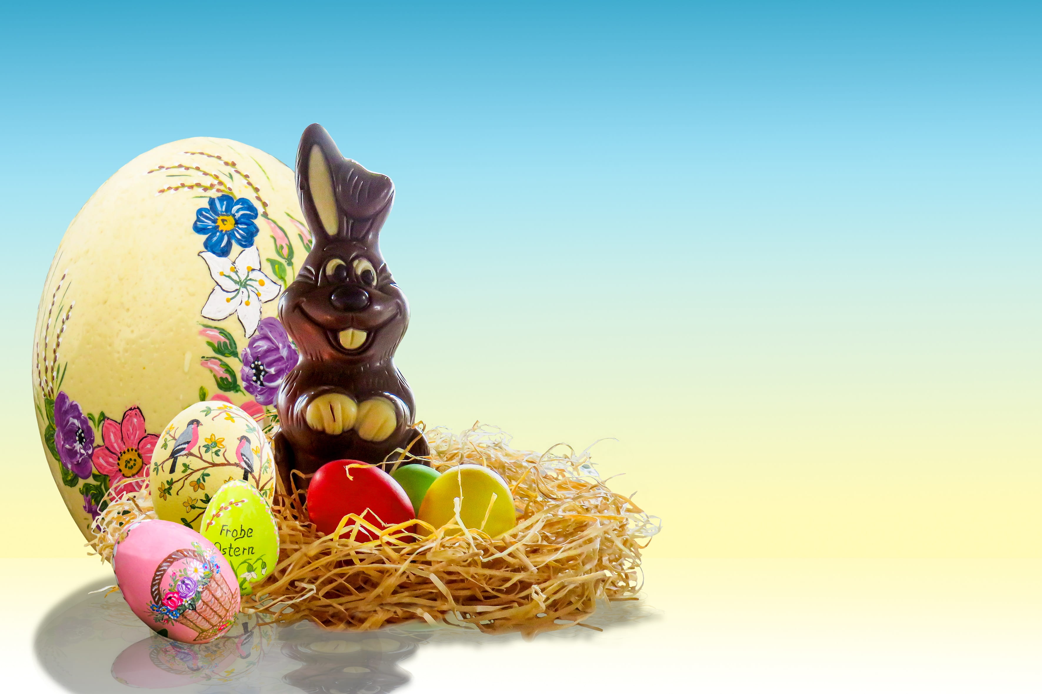 brown rabbit with Easter eggs, easter bunny, nest, easter nest