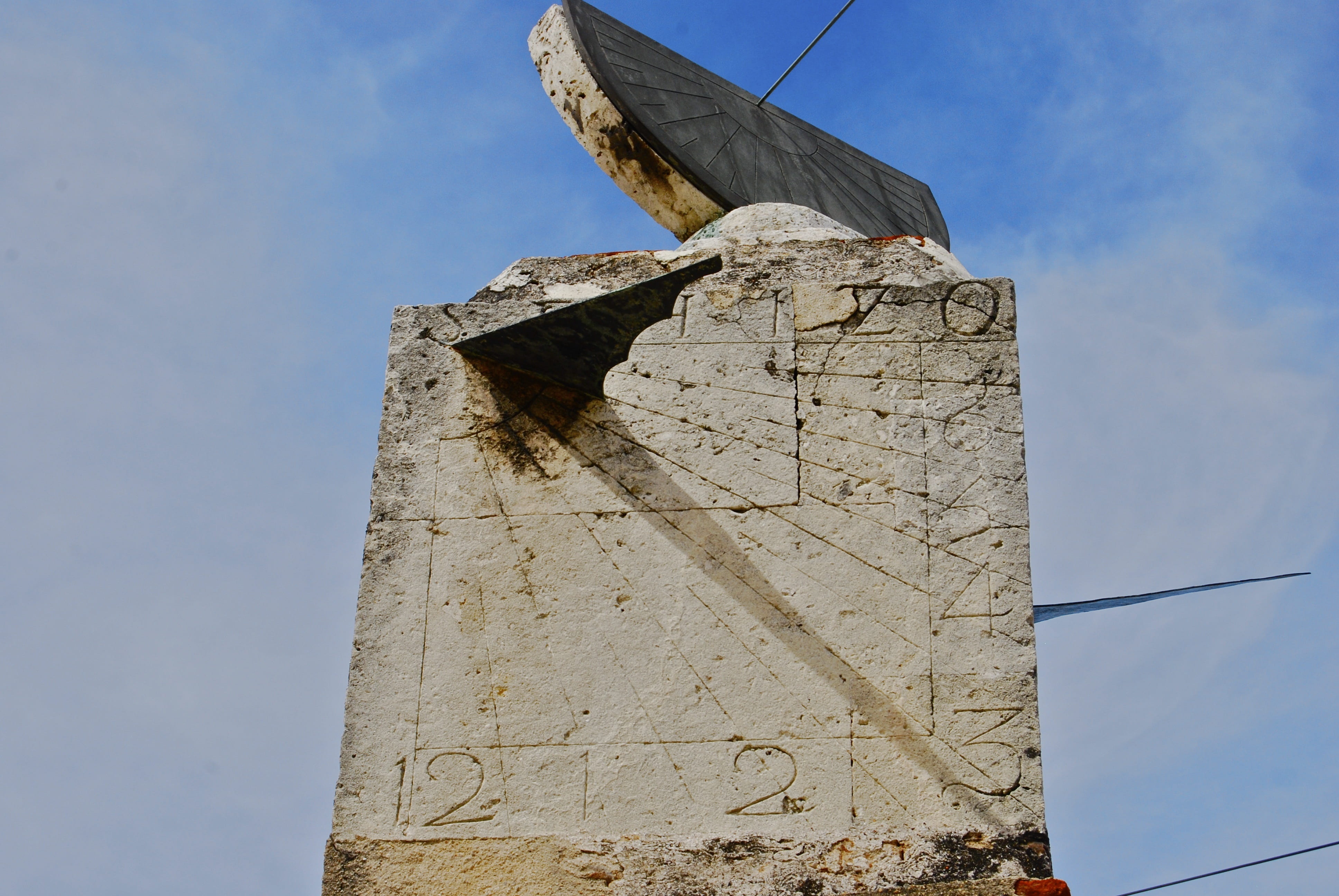 solar clock, time, dial, ancient, hour, sundial, sky, low angle view