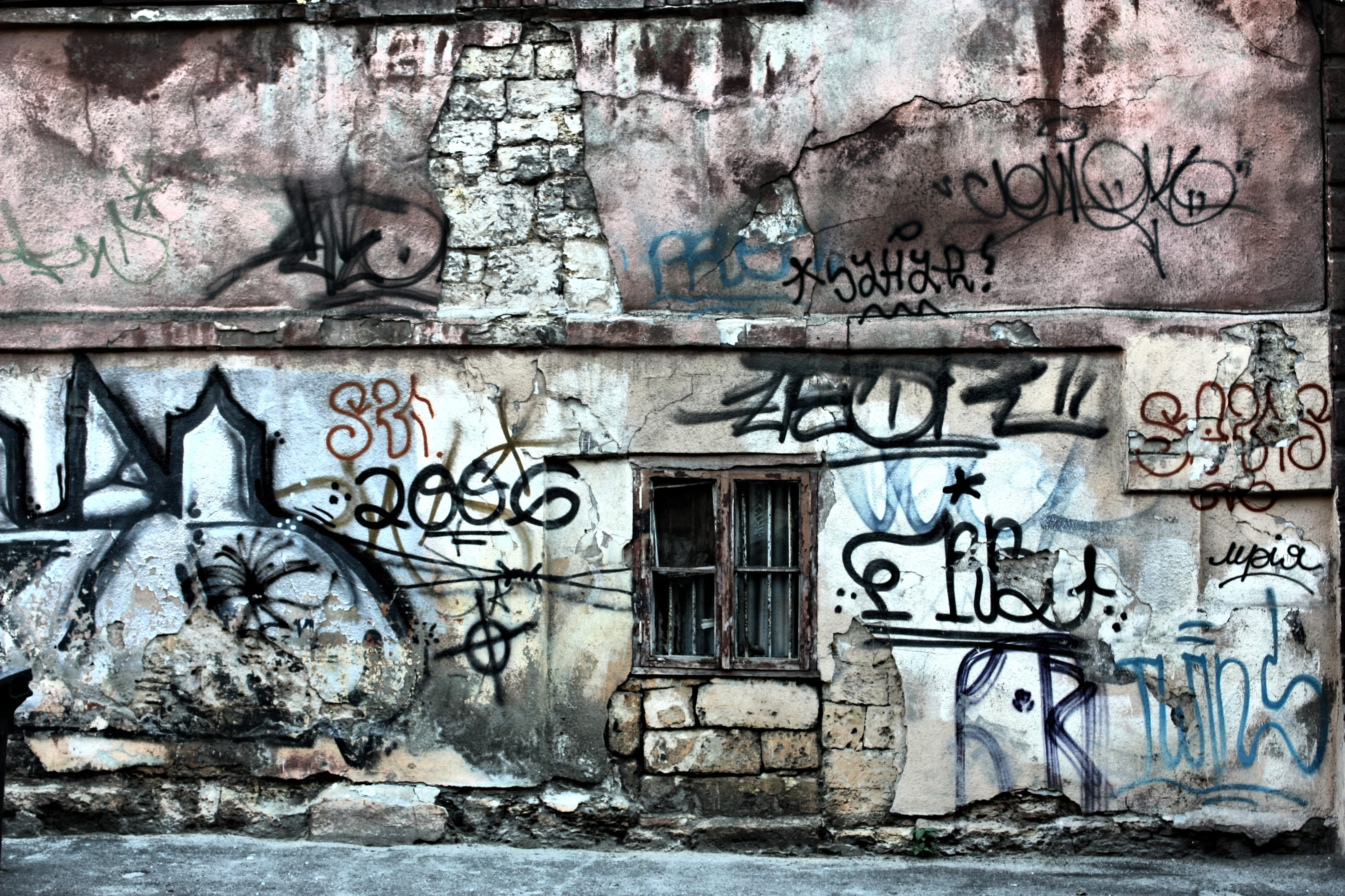 wall with vandals, window, city, graffiti, architecture, street