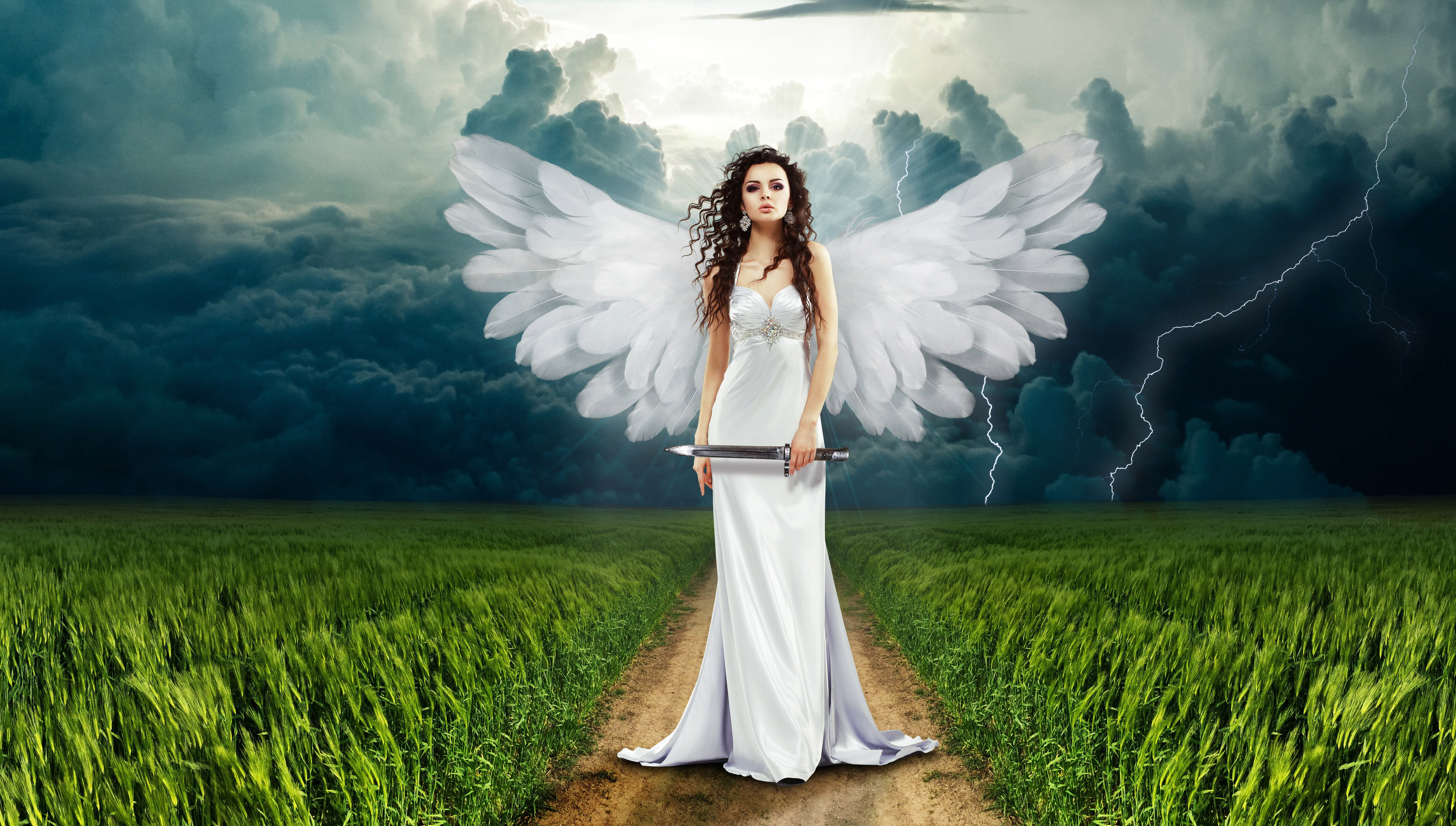 Female Angel with white wings and knife, angelic, clouds, photos