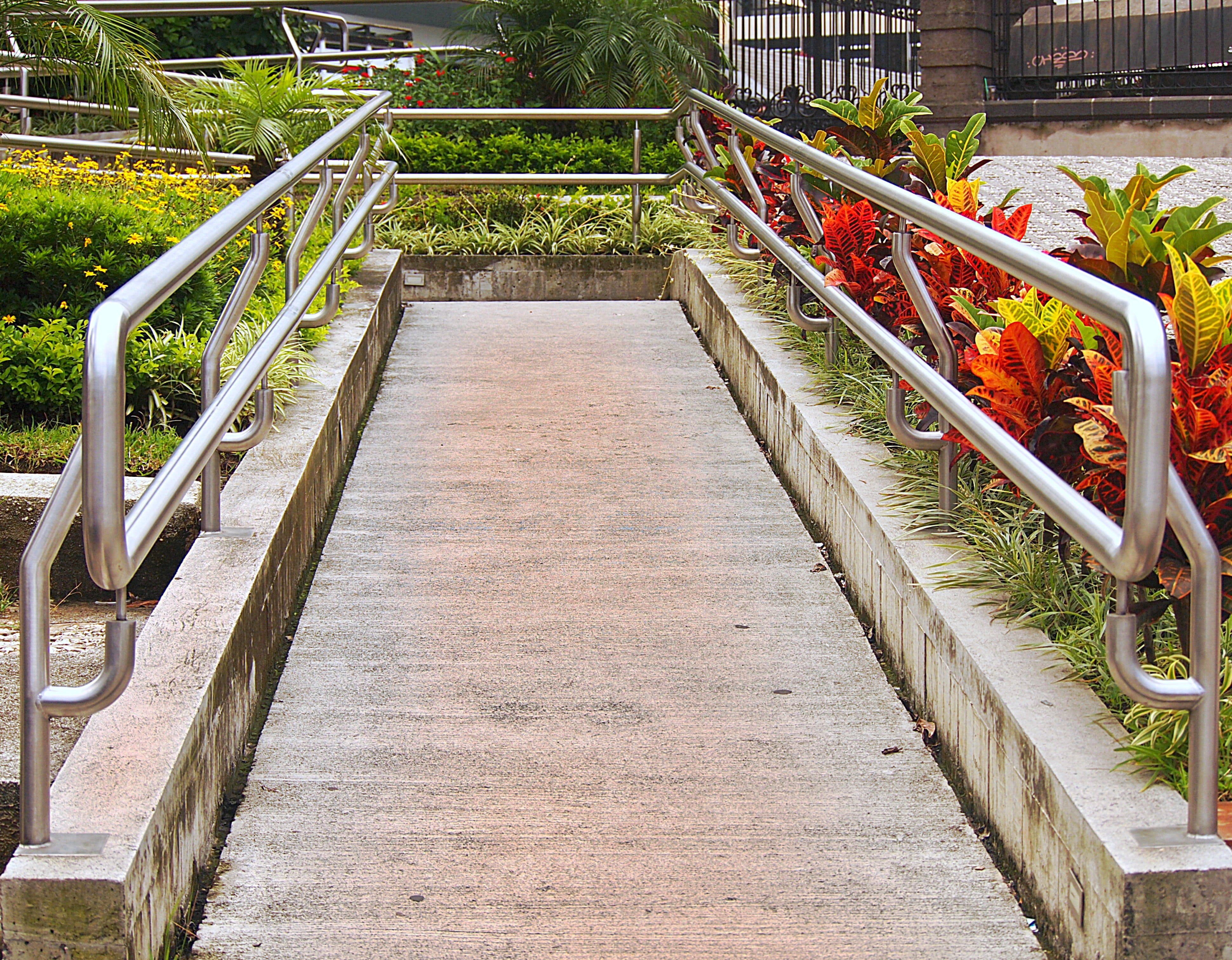 path, hall, ascent, rails, flowers, green area, step, railing