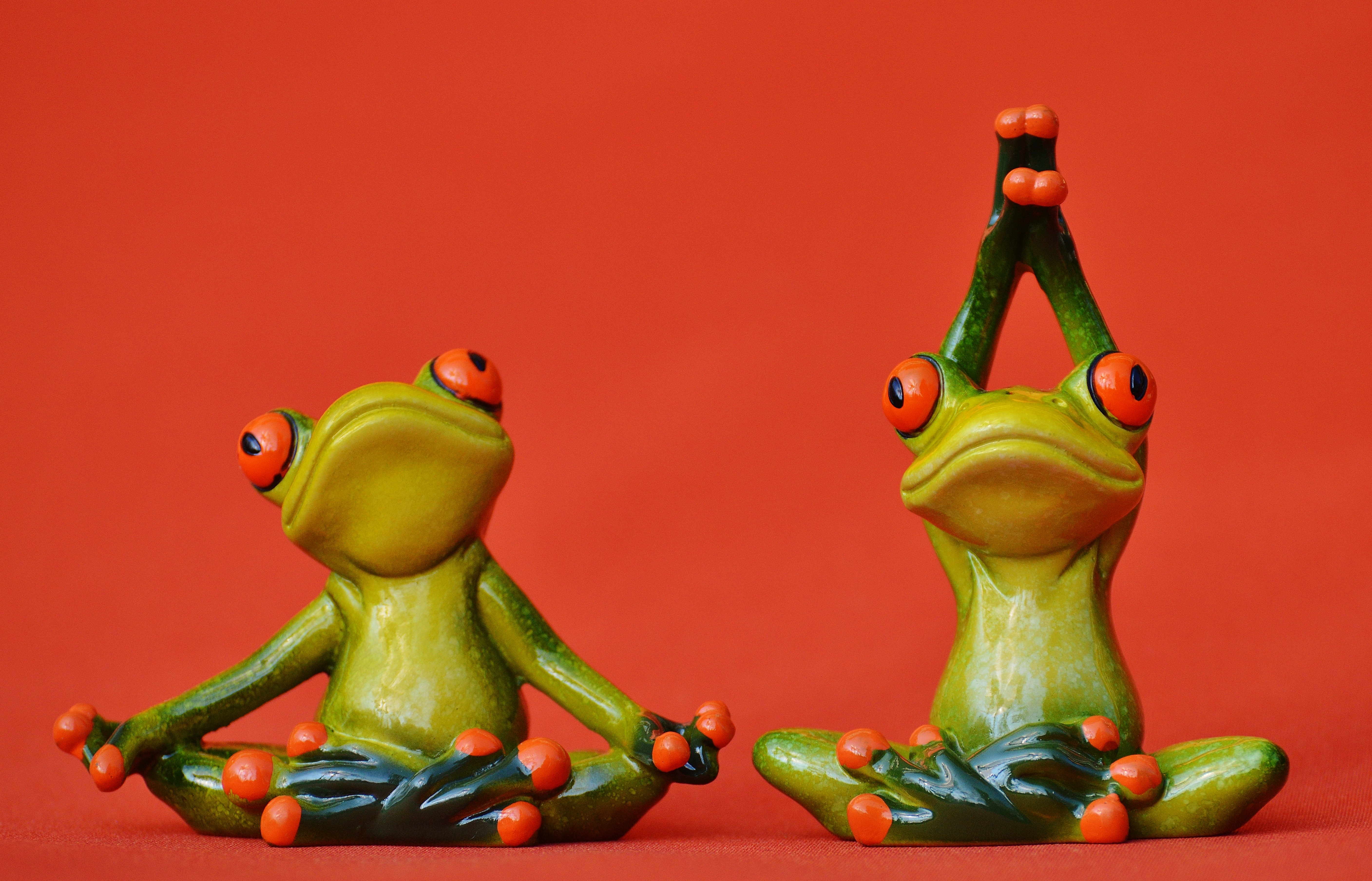 two green-and-brown frogs figurines on top red surface, figure