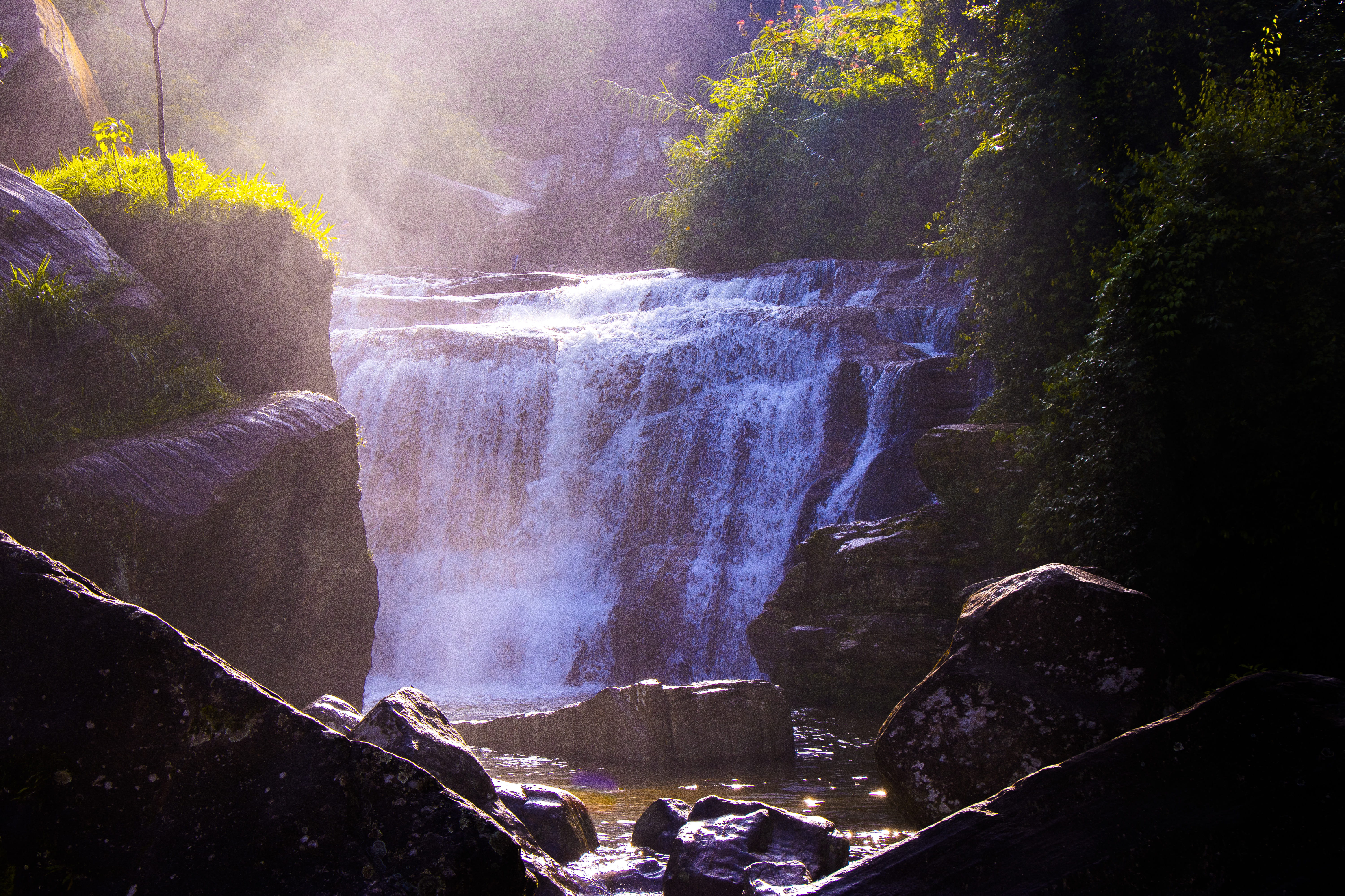 Waterfalls Surrounded by Grass and Rocks, cascade, daylight, environment
