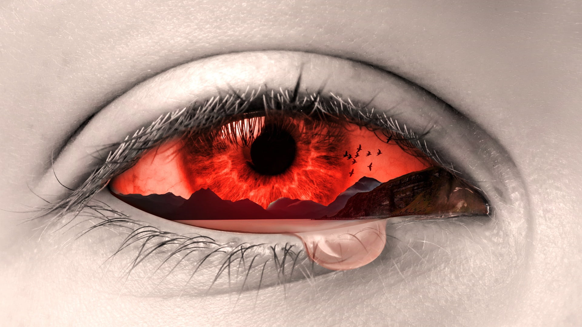 red eye with tears photo, manipulation, art, sad, crying, design