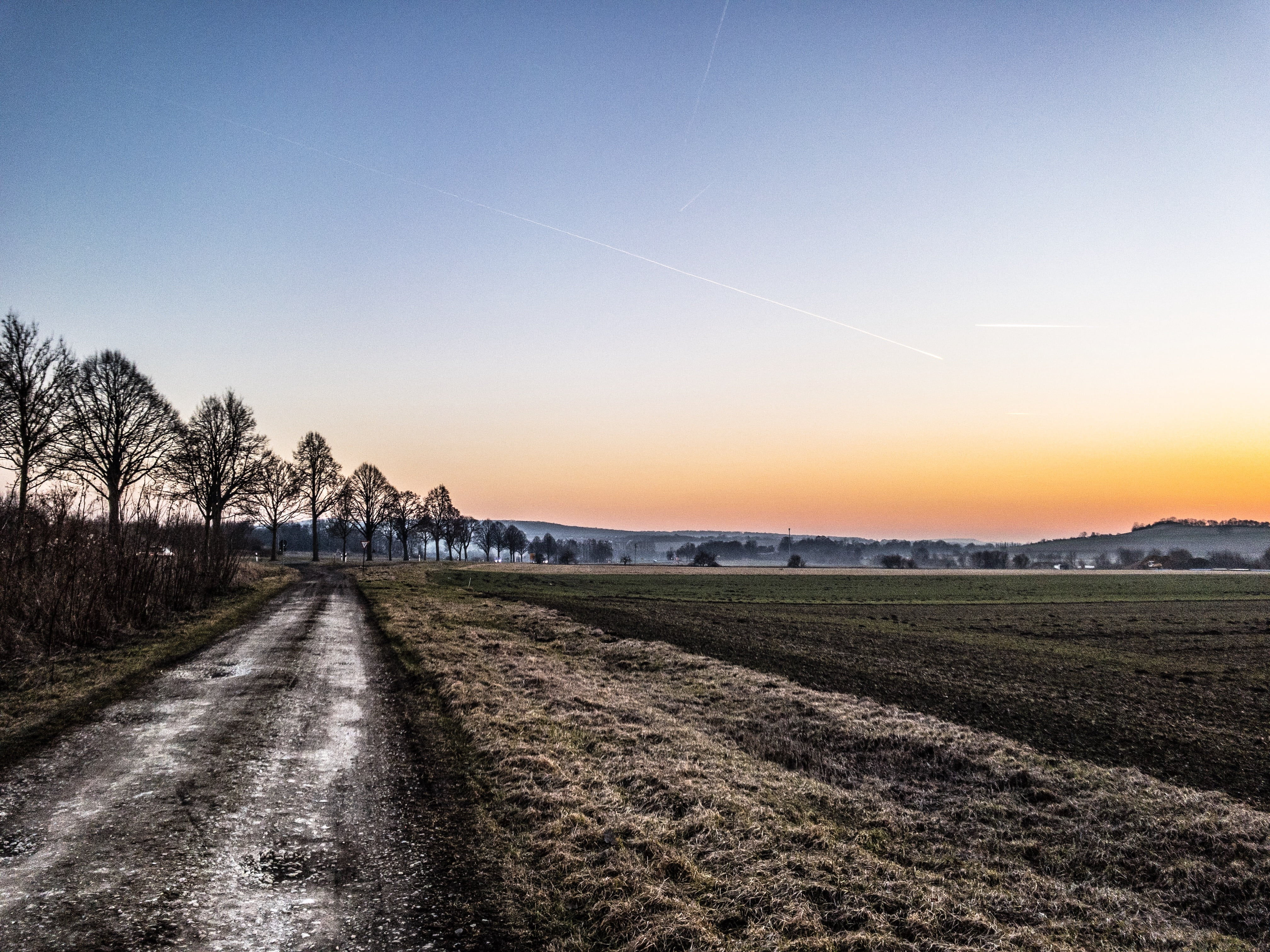 sunset, winter, landscape, sky, tree, clouds, abendstimmung