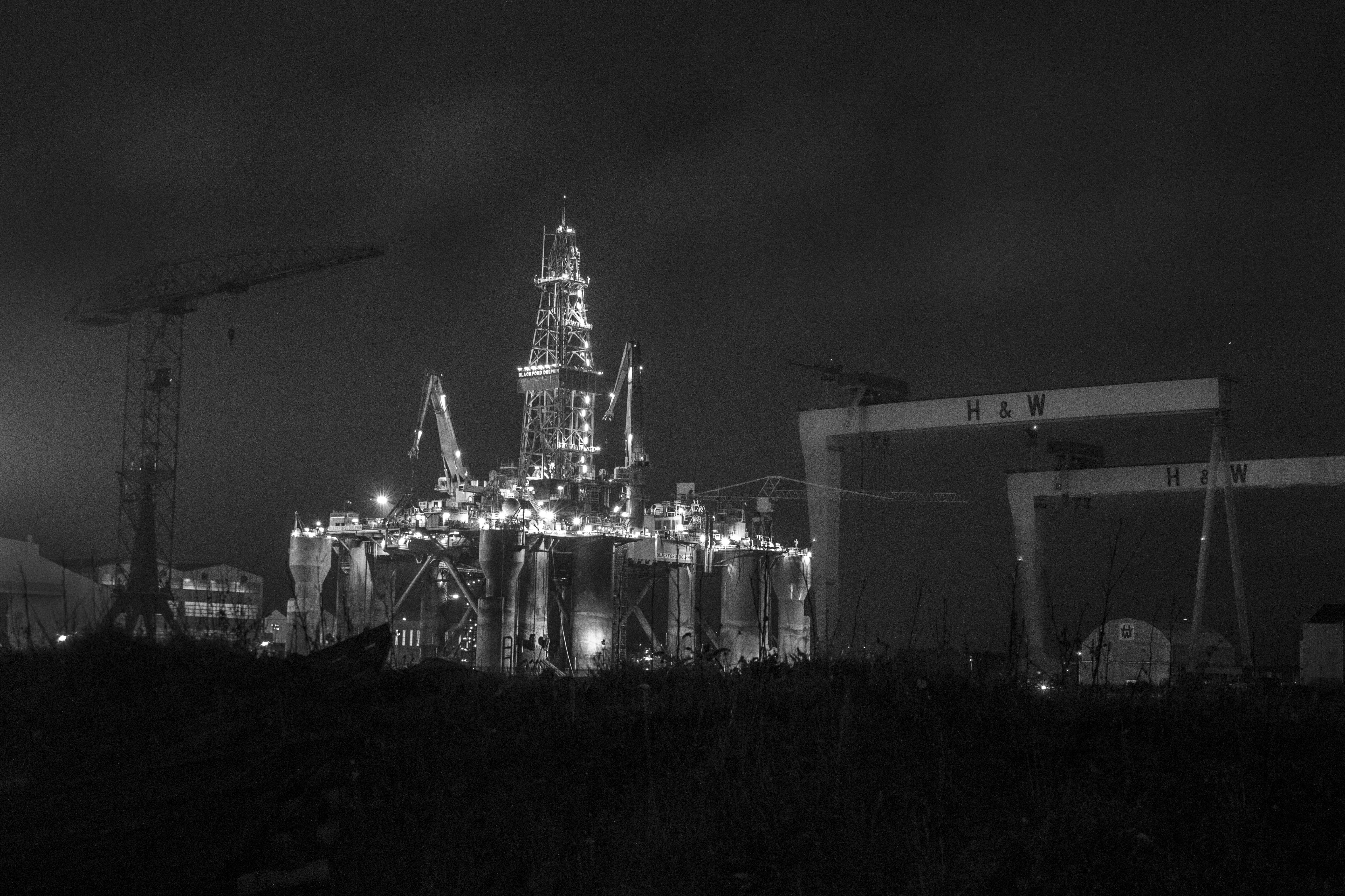 grayscale photo of structure, Belfast, Oil, Rig, Harland, Shipyard