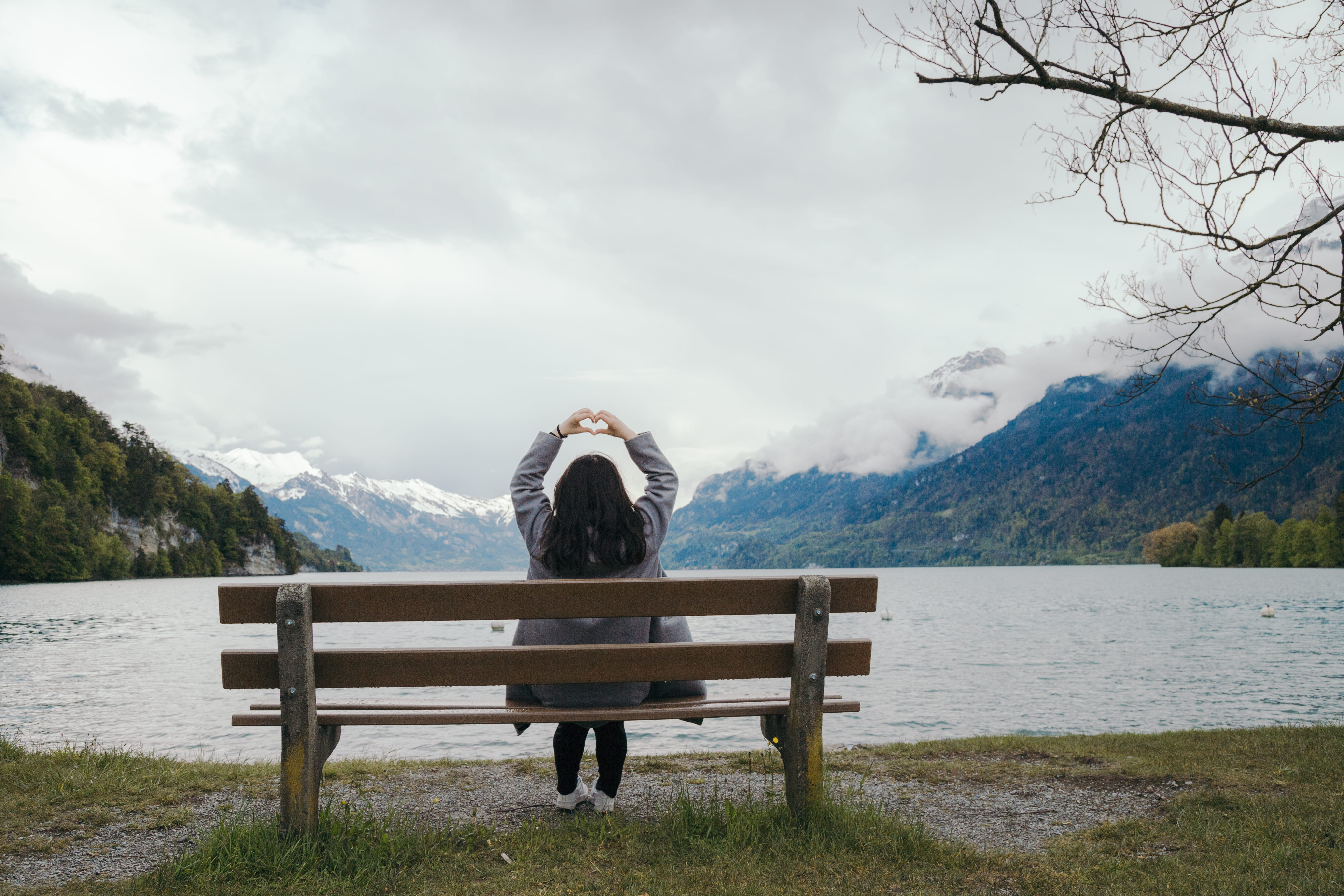 cold, bench, landscape, mountains, branches, clouds, cloudy, environment