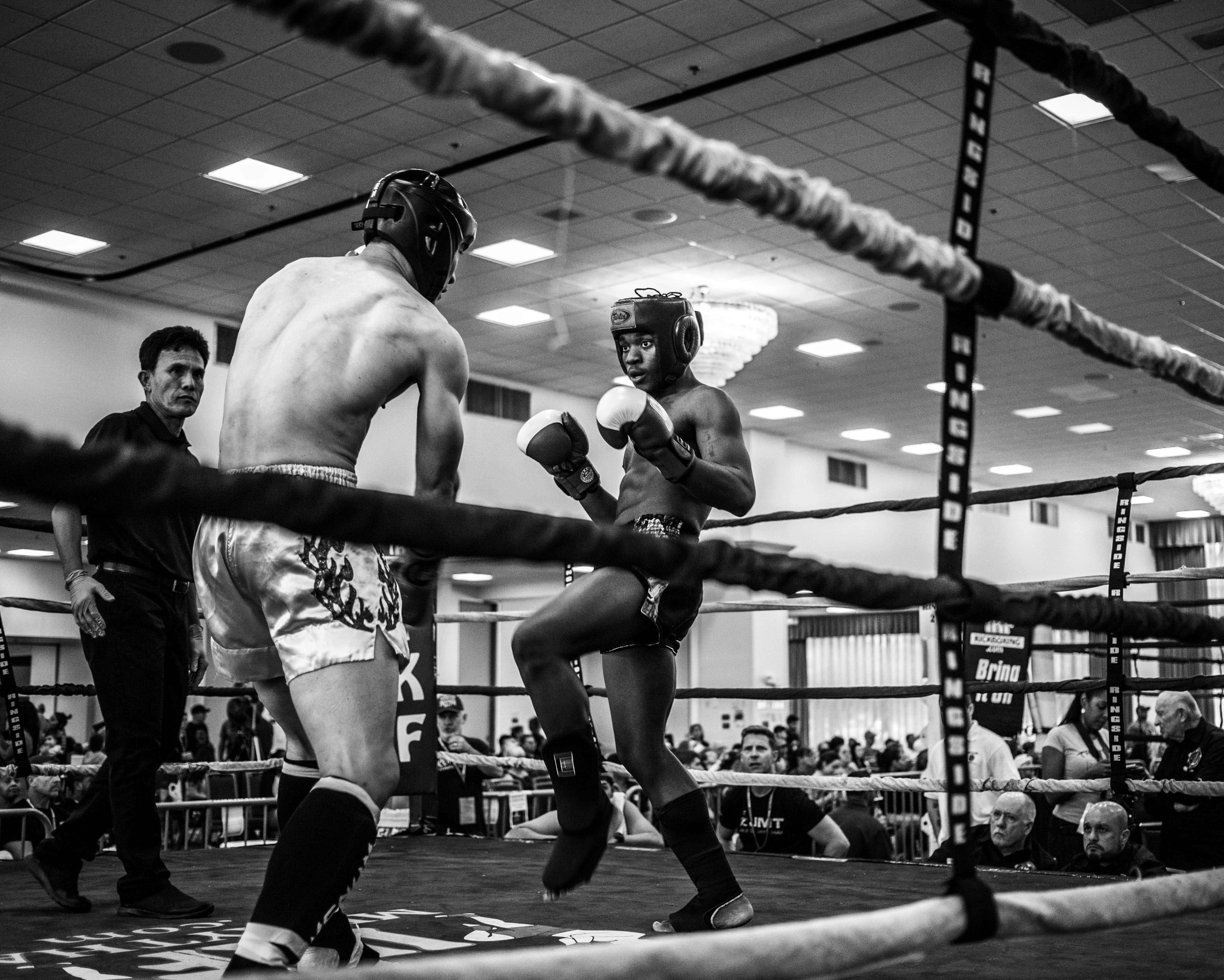 grayscale photo of boxing sparring, grayscale photo of boxers on ring