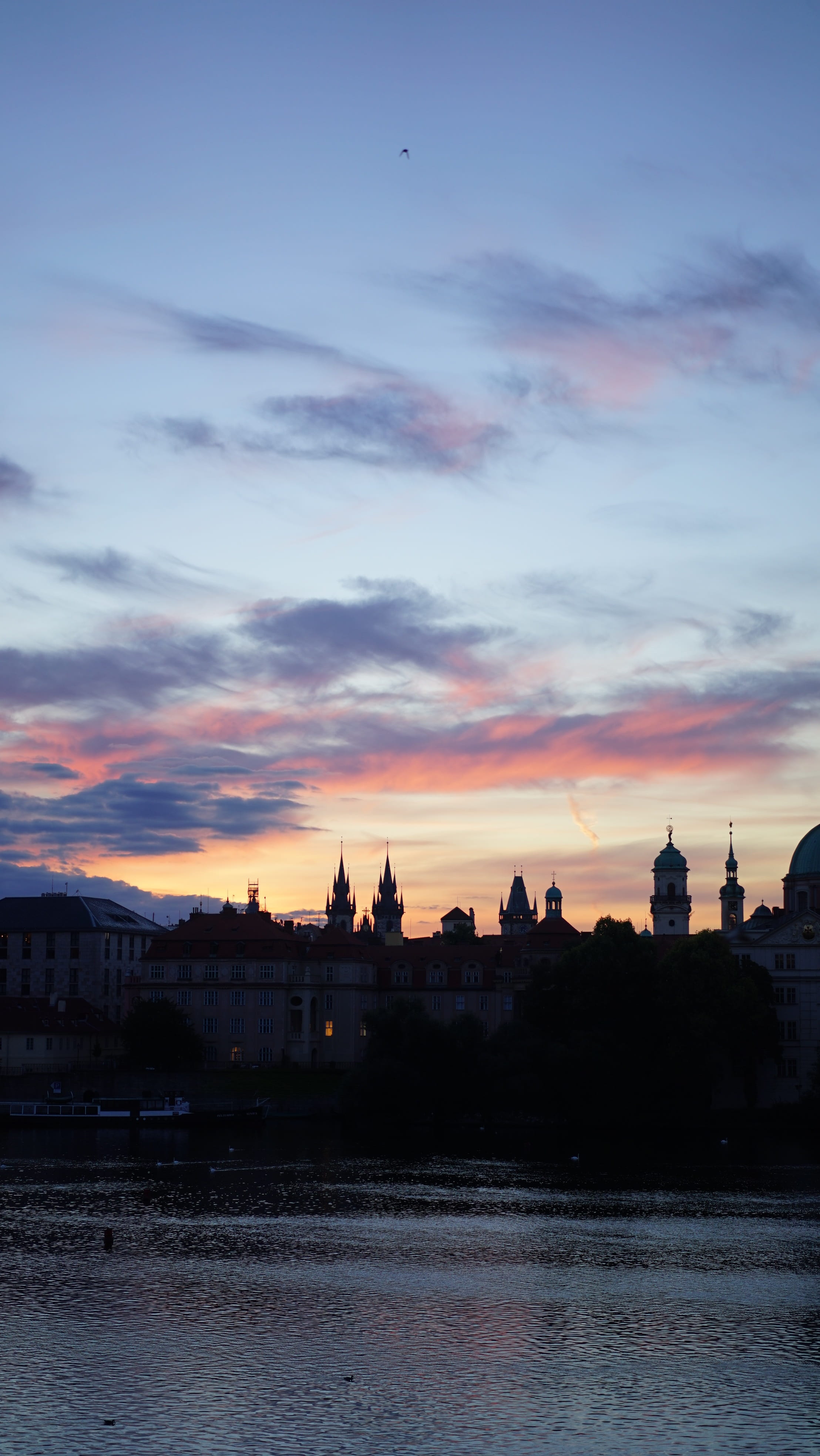 prague, sunset, silhouette, sky, built structure, architecture