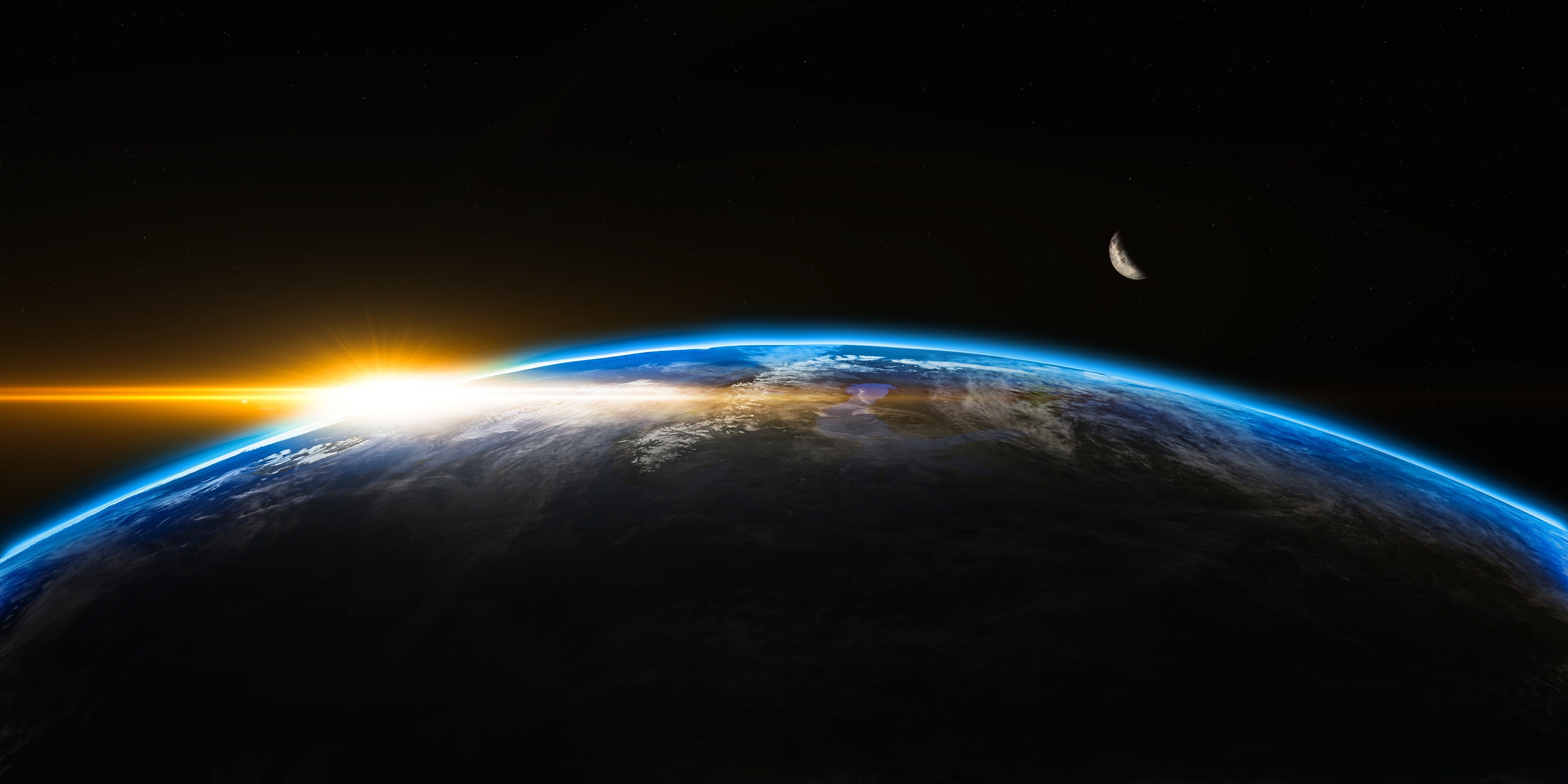earth, sun, and moon digital wallpaper, sunrise, space, outer