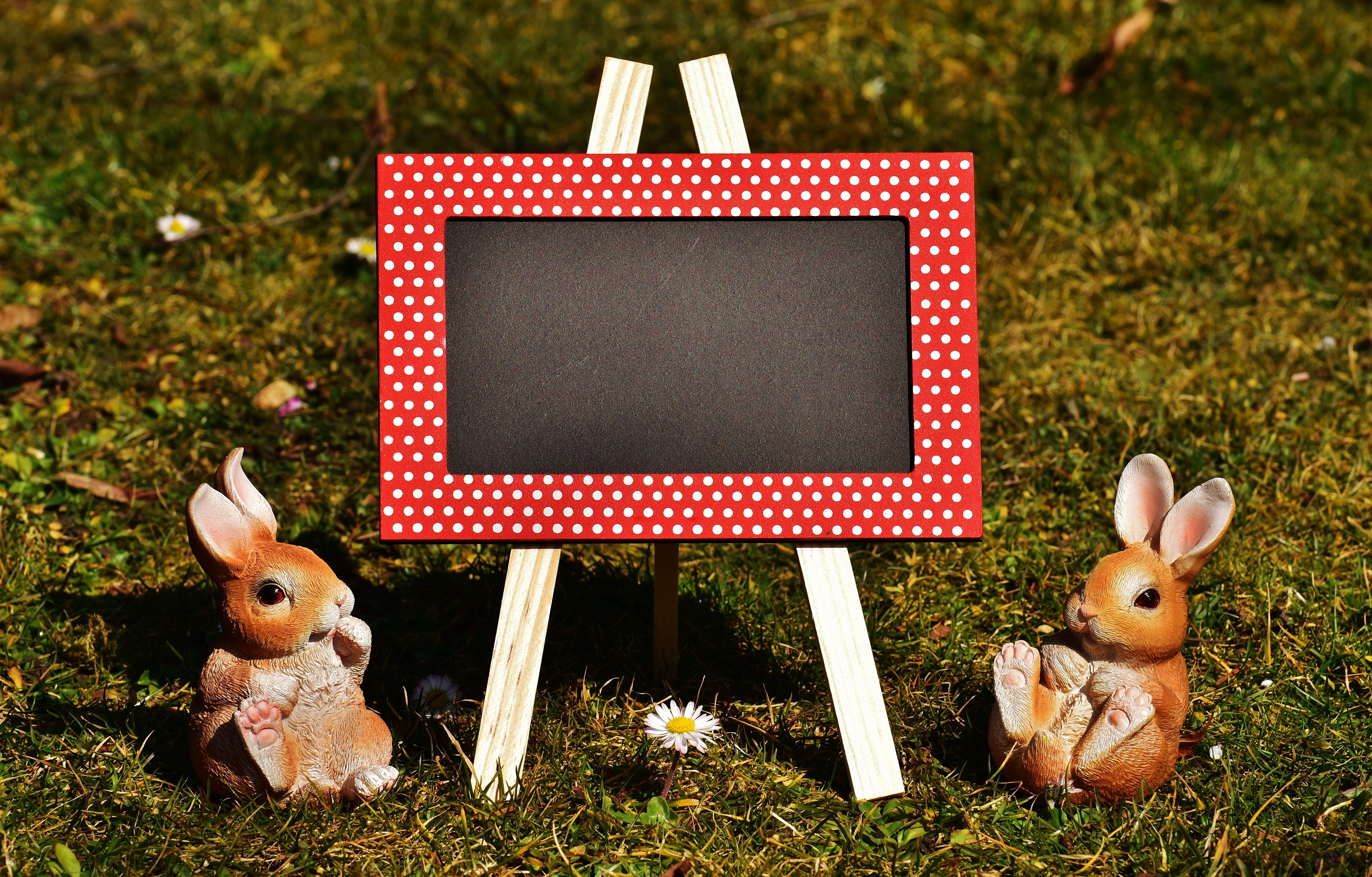 chalkboard and two rabbit figurines, easter, happy easter, easter bunny