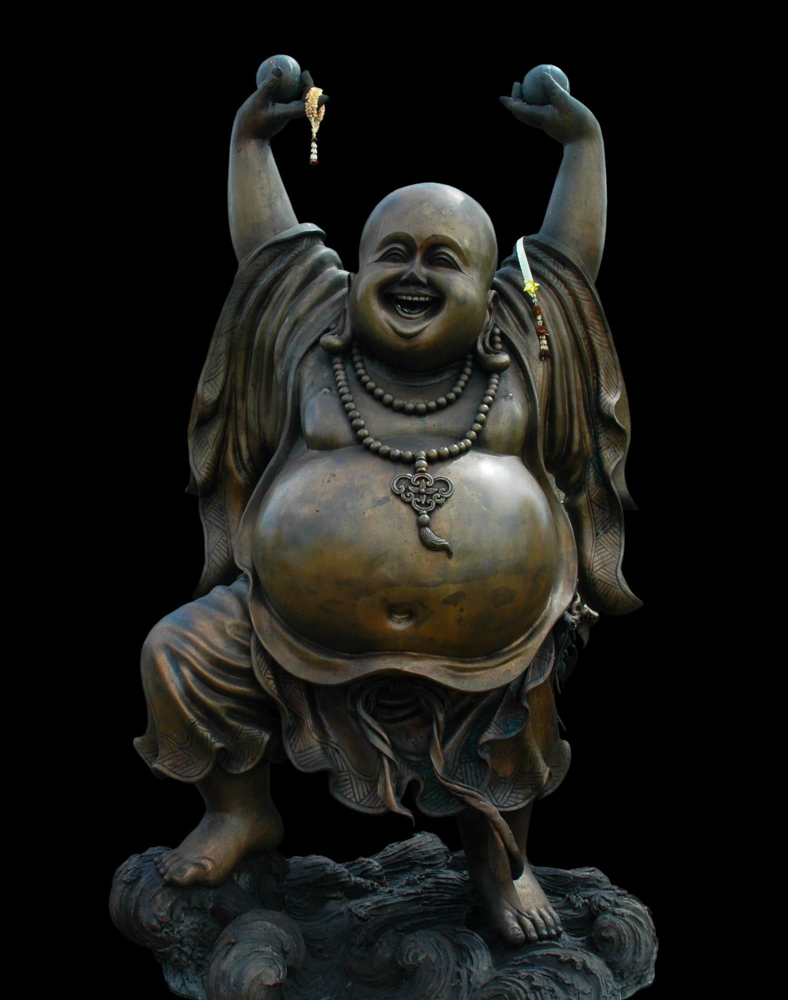 Hotei Buddha, shamanism, dance, look forward, obese, bronze, figure