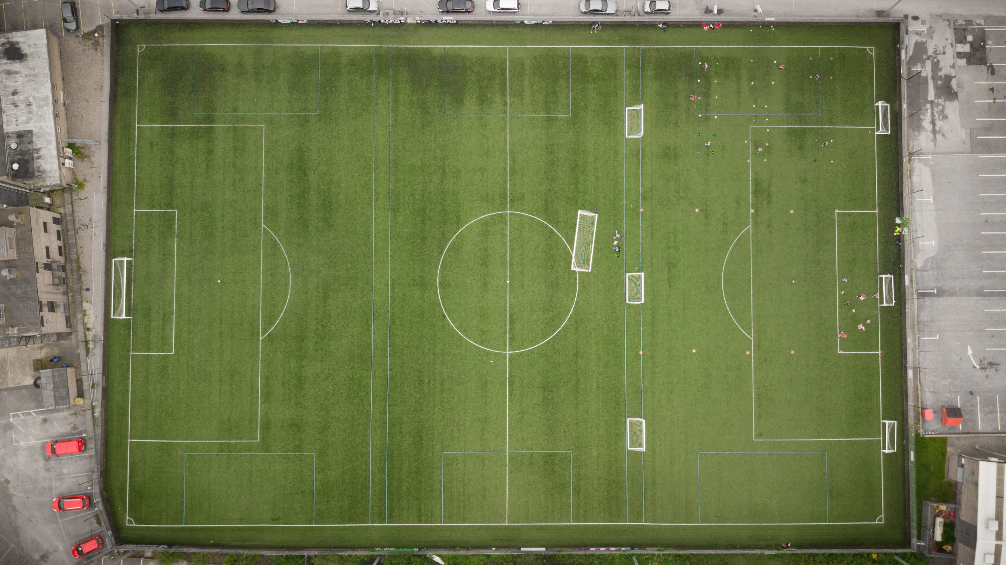 bird's eye view of soccer field, aerial photography of football field