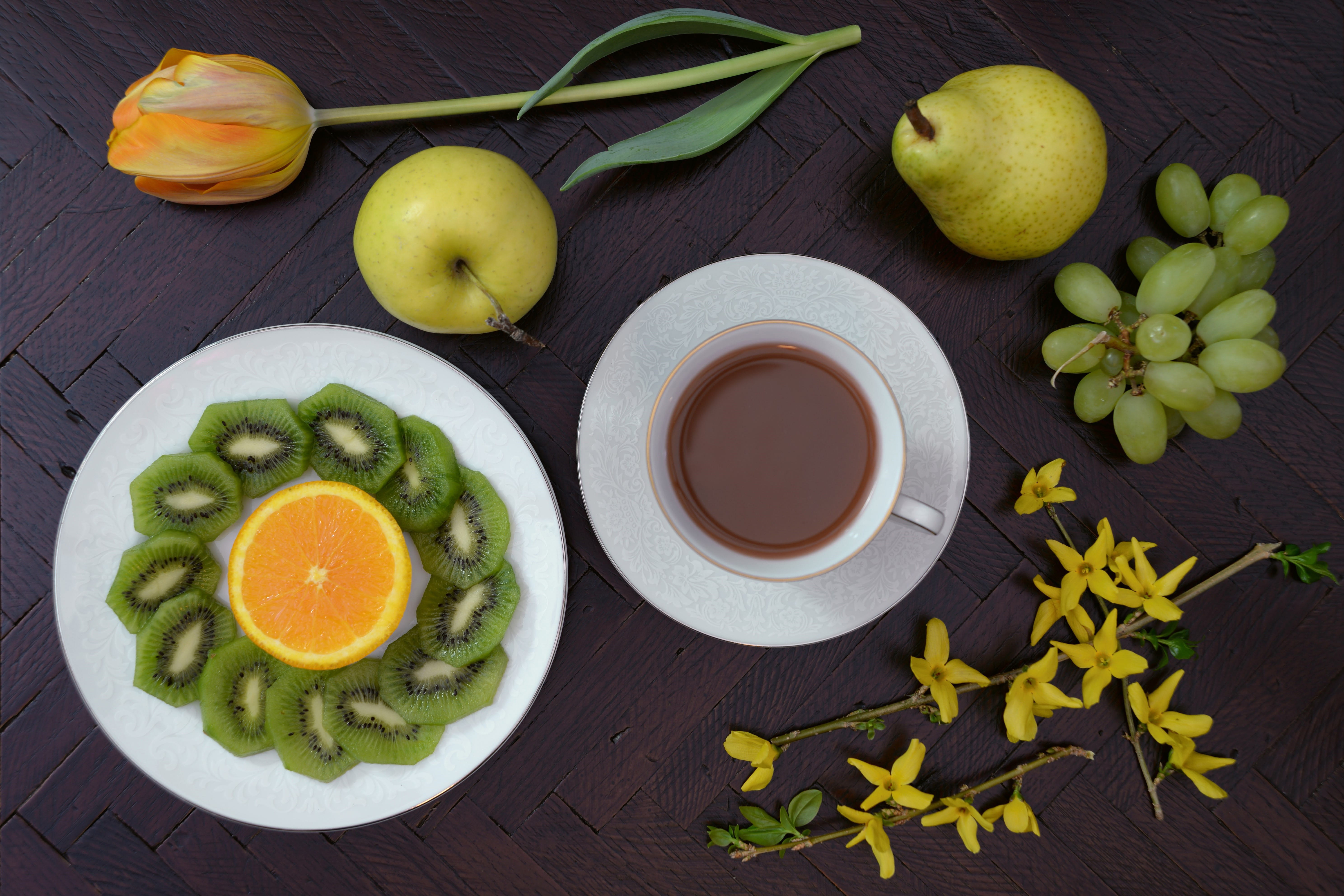 Overhead shot of coffee and fruit, food/Drink, healthy, lemon
