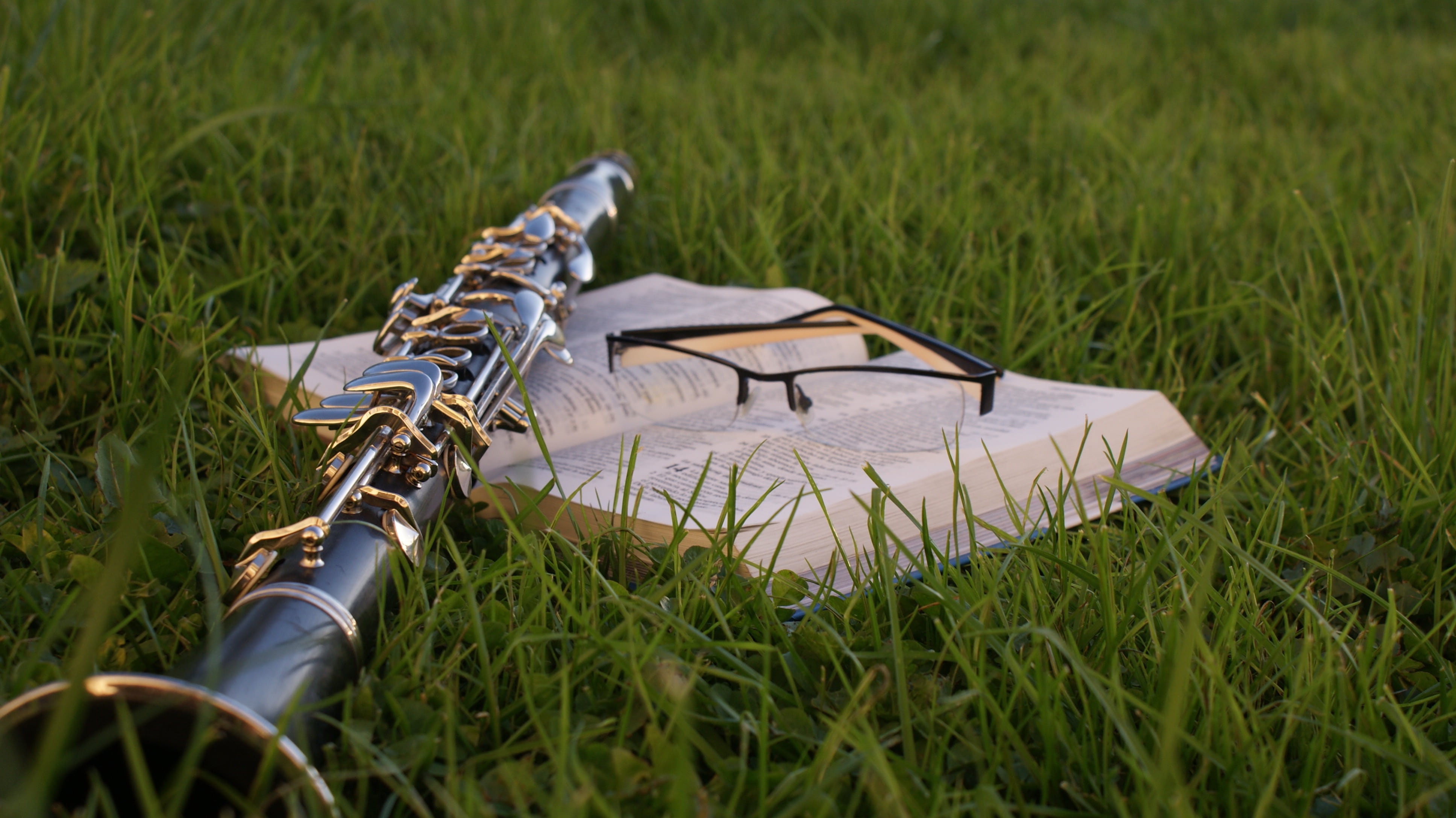close-up photo of flute above book on grass, bible, music, clarinet