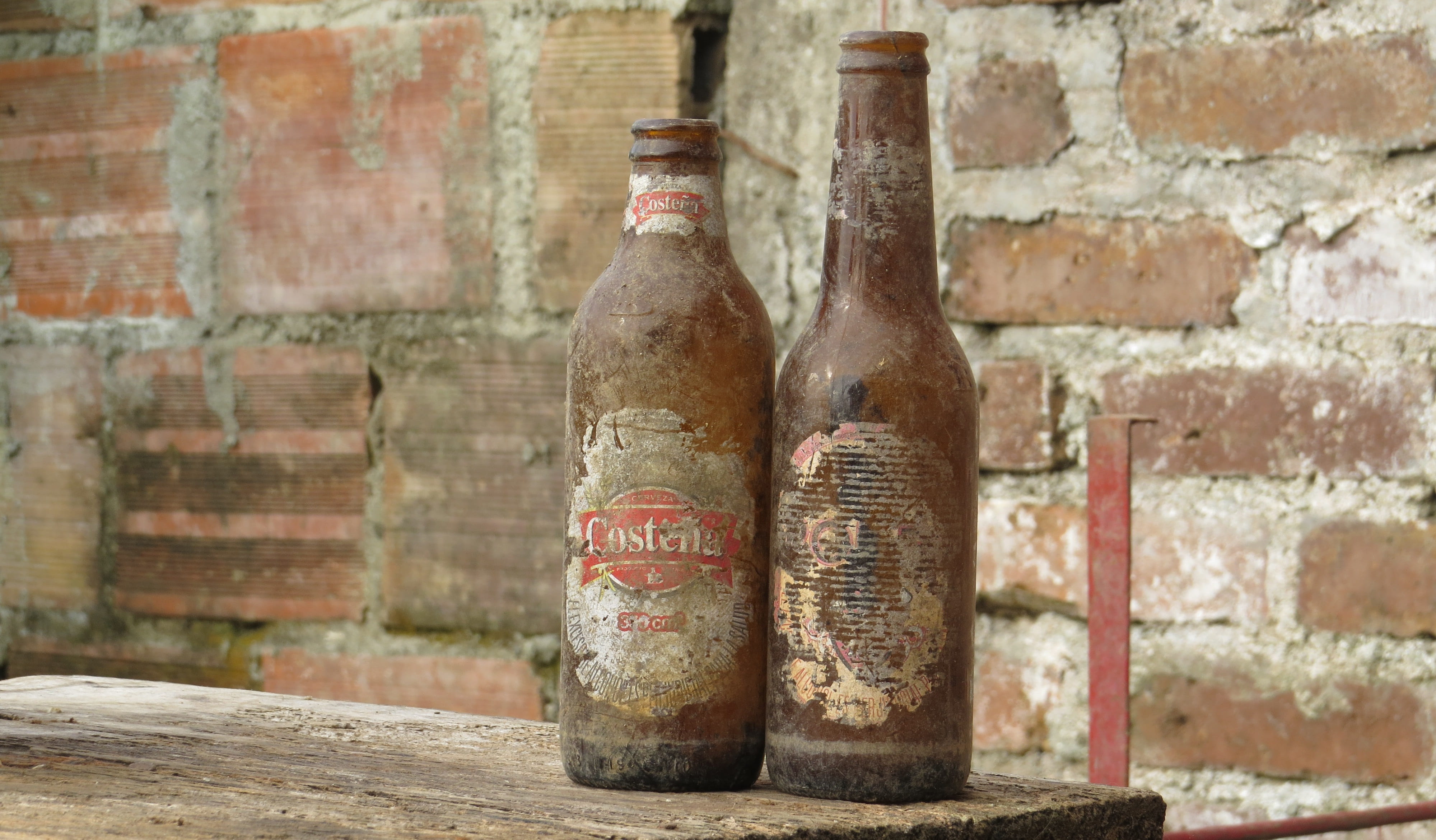 containers, bottles, beer, wall - building feature, brick, brick wall