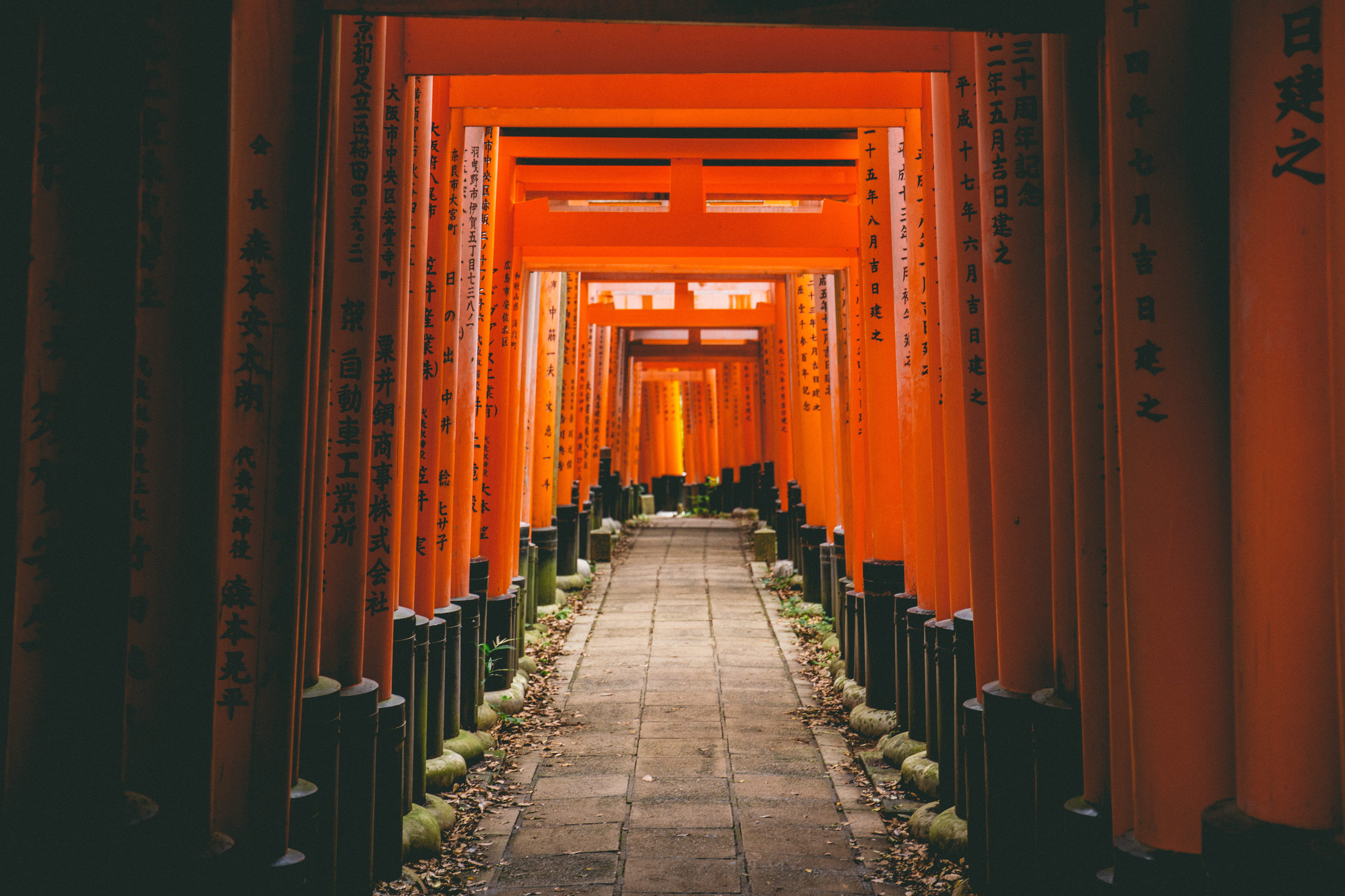 grey concrete pathway with orange walls, Fushimi Inari-taisha