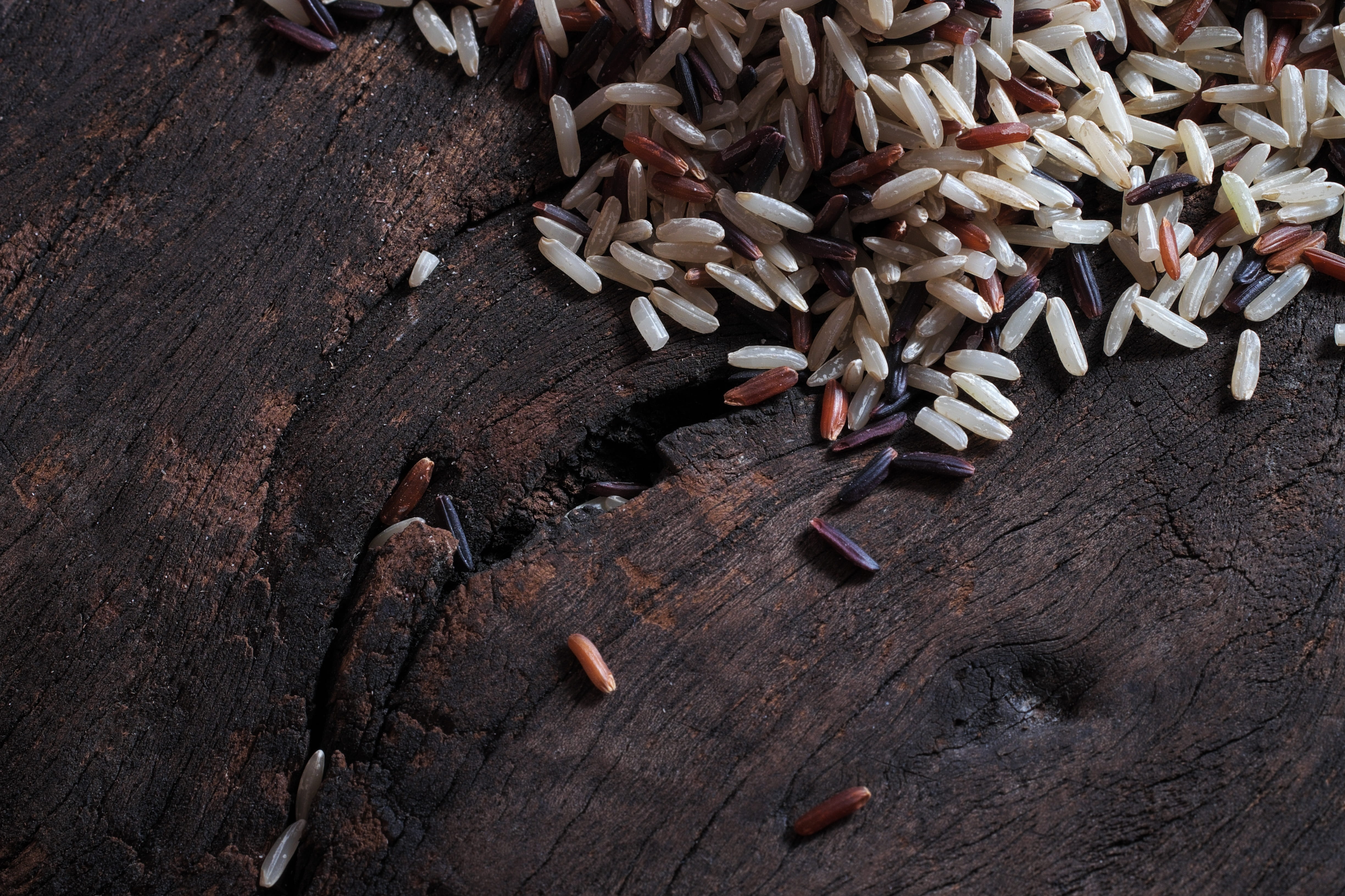 grains on surface, rice, brown, ruby, organic, black, jasmine