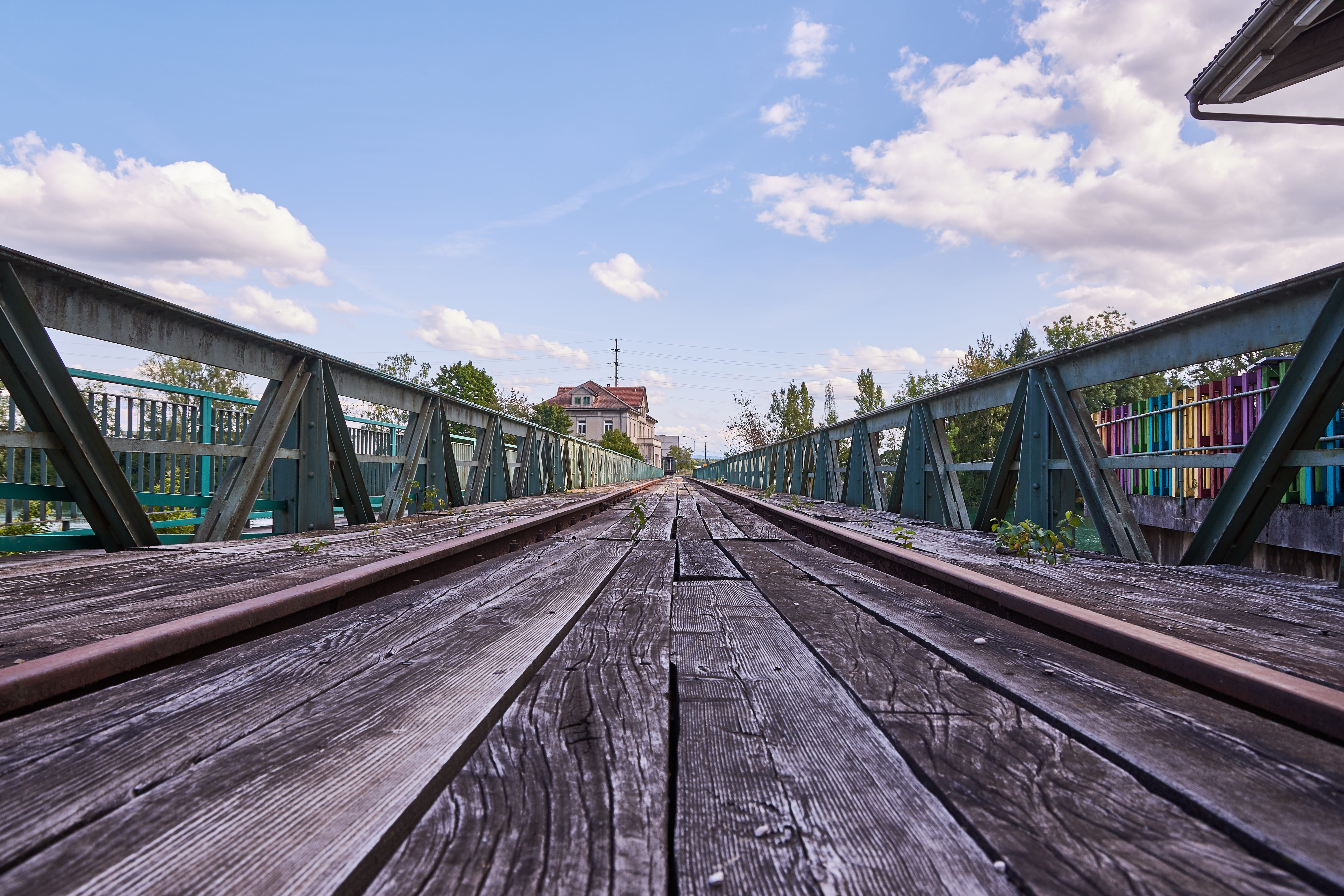 tracks, clouds, bridge, sky, building, architecture, river