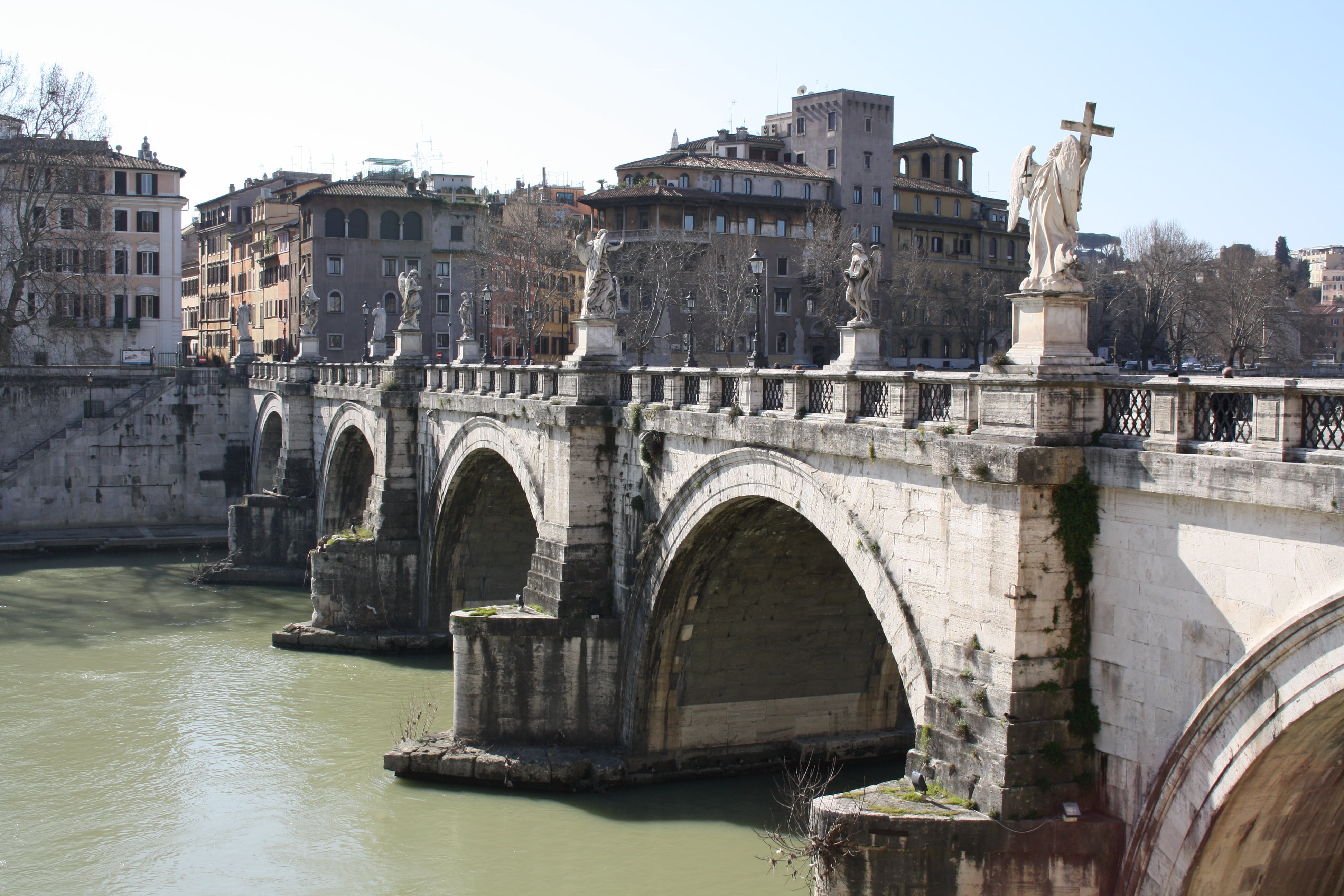 rome, bridge, statue, architecture, built structure, water