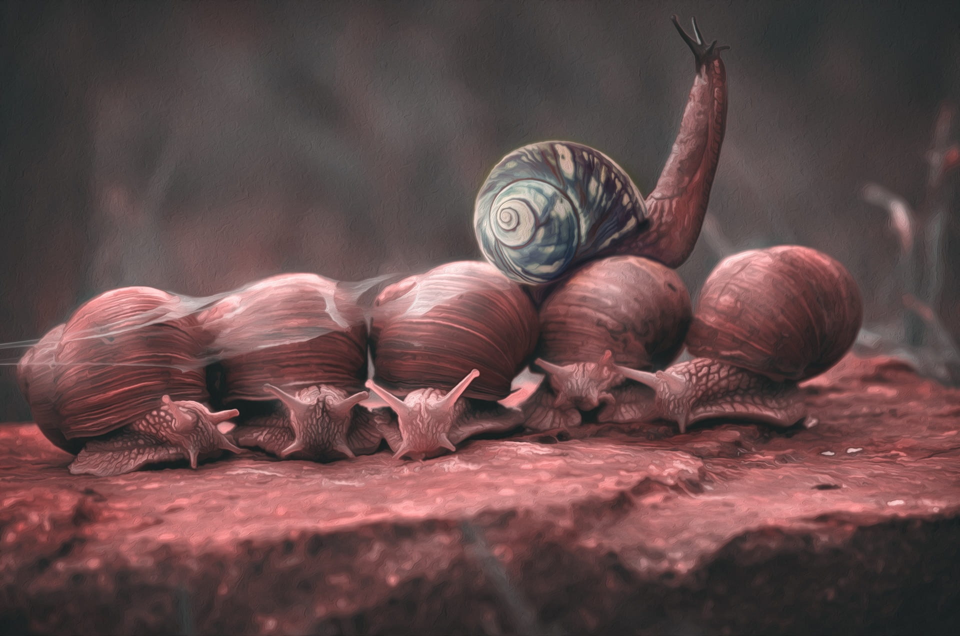 composing, snails, crawl, snail shell, mucus, image editing