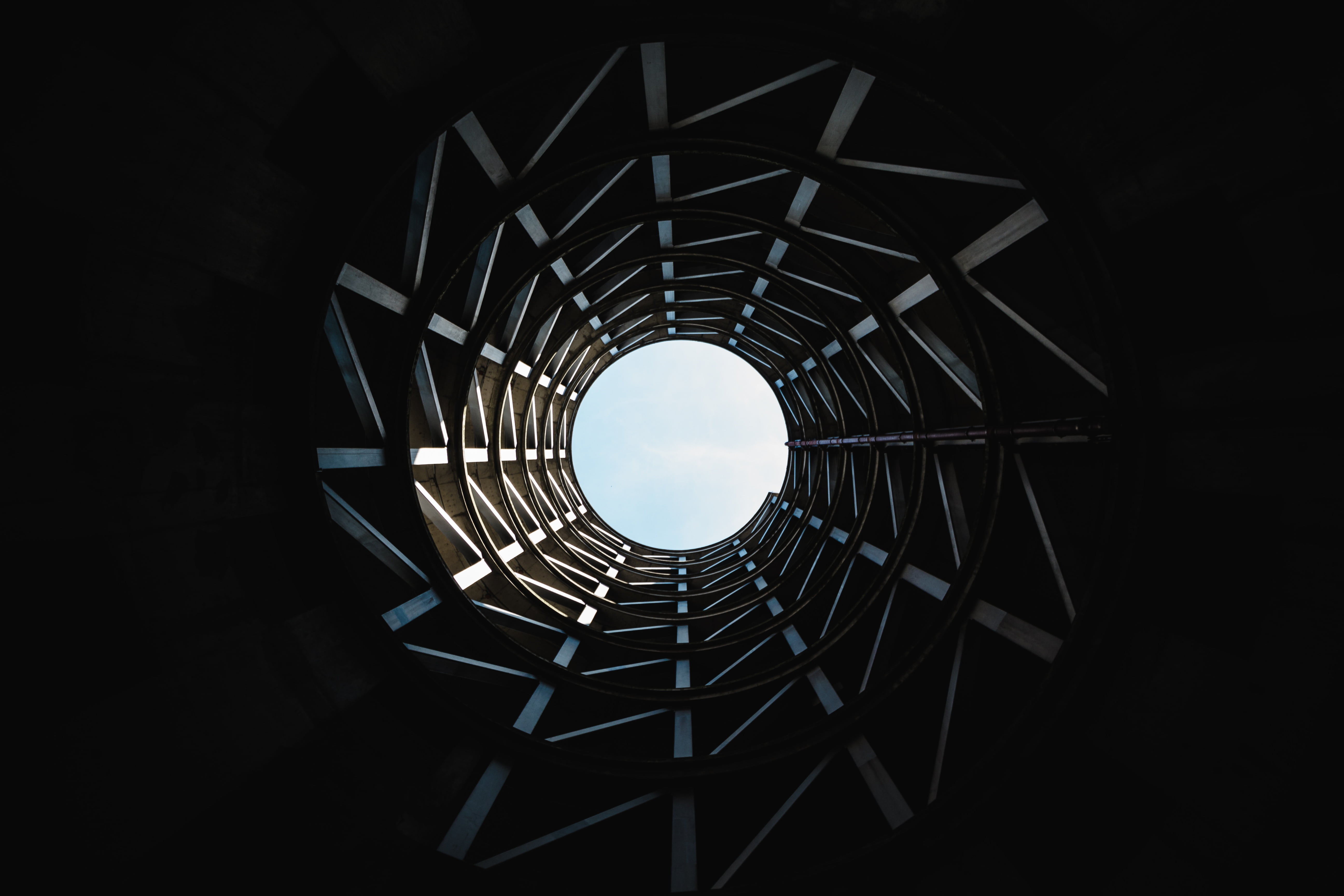 low angle photography tunnel, dark, light, pattern, perspective